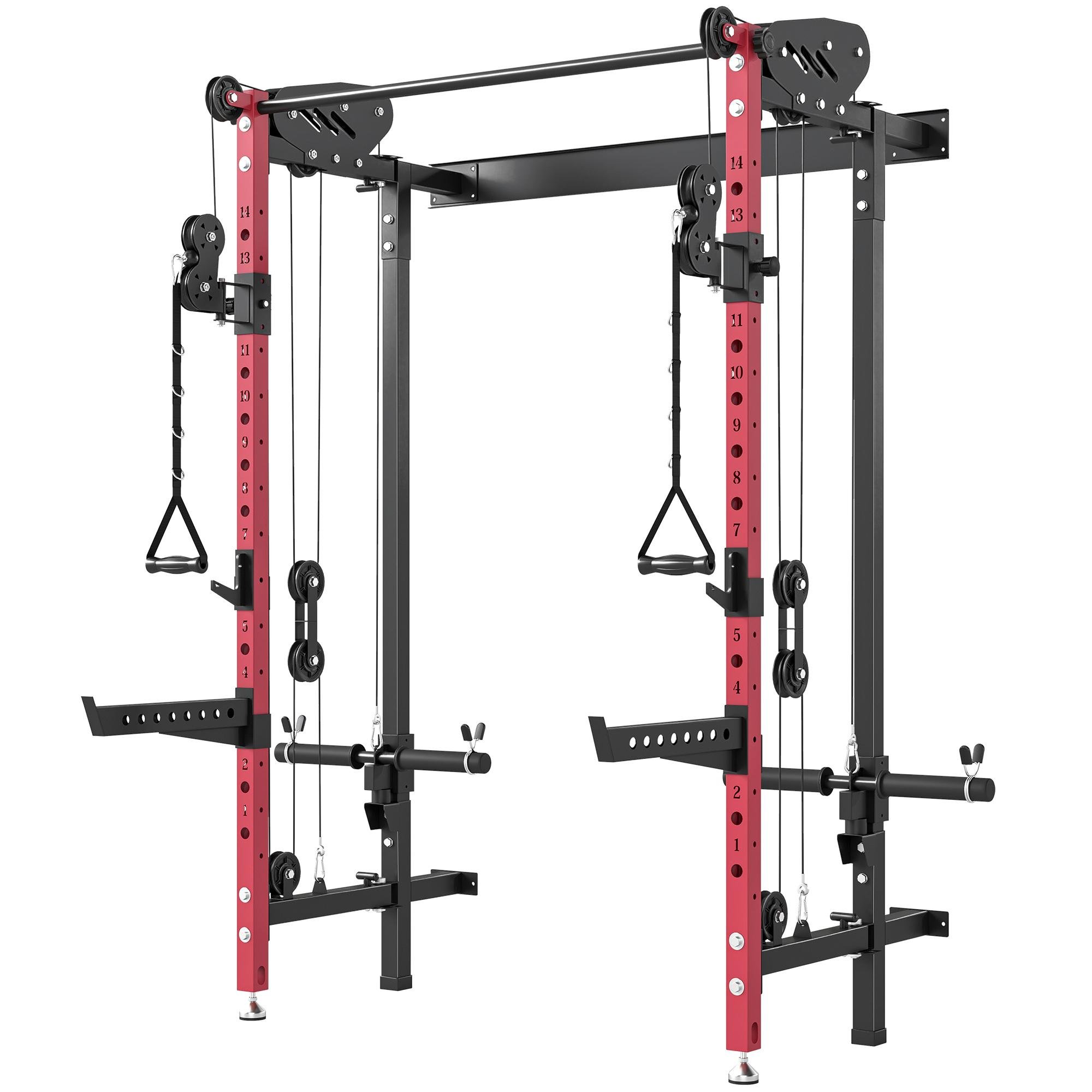 Red Foldable Power Cage with Dual Pulley System