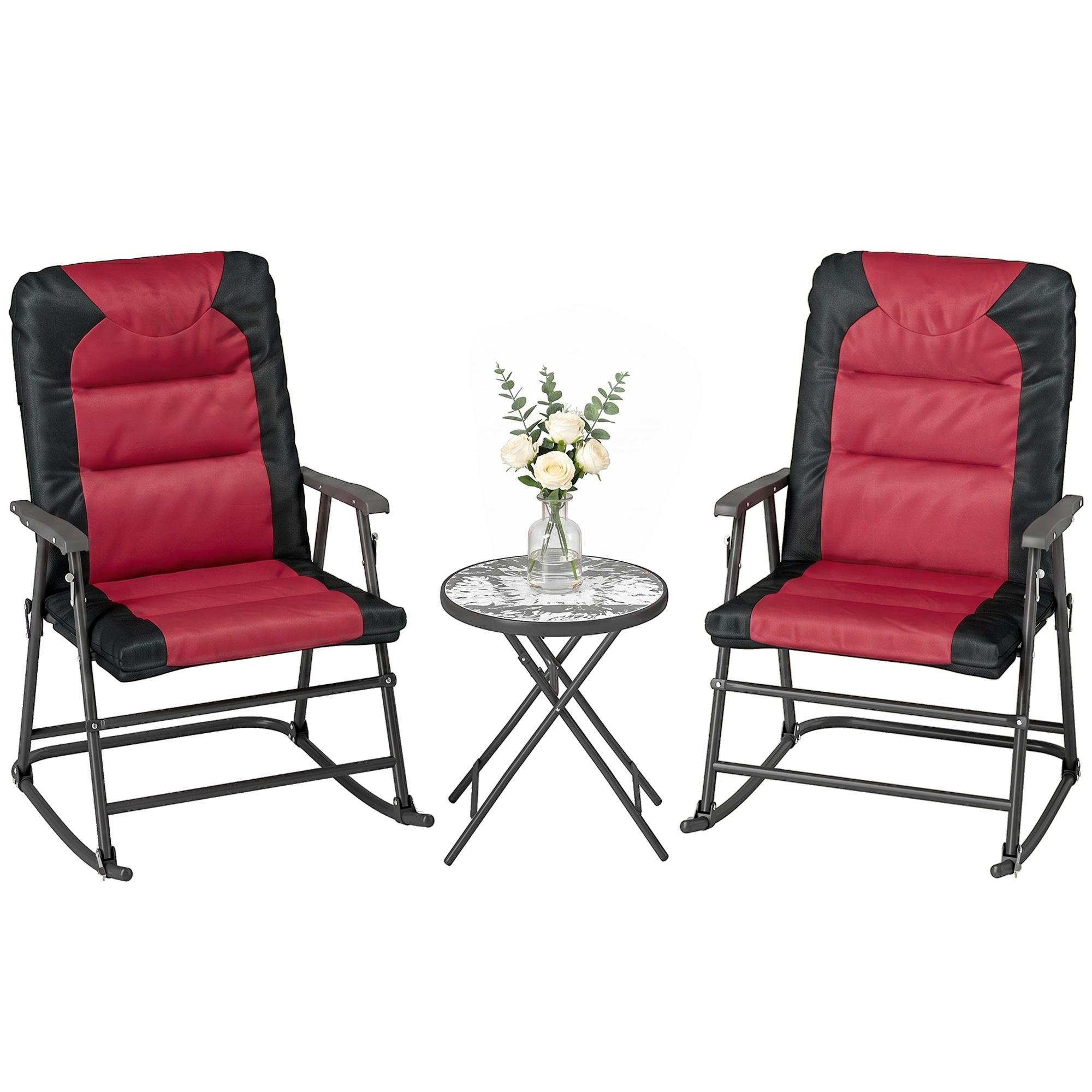 Red Folding Rocking Chair Set with Glass Table