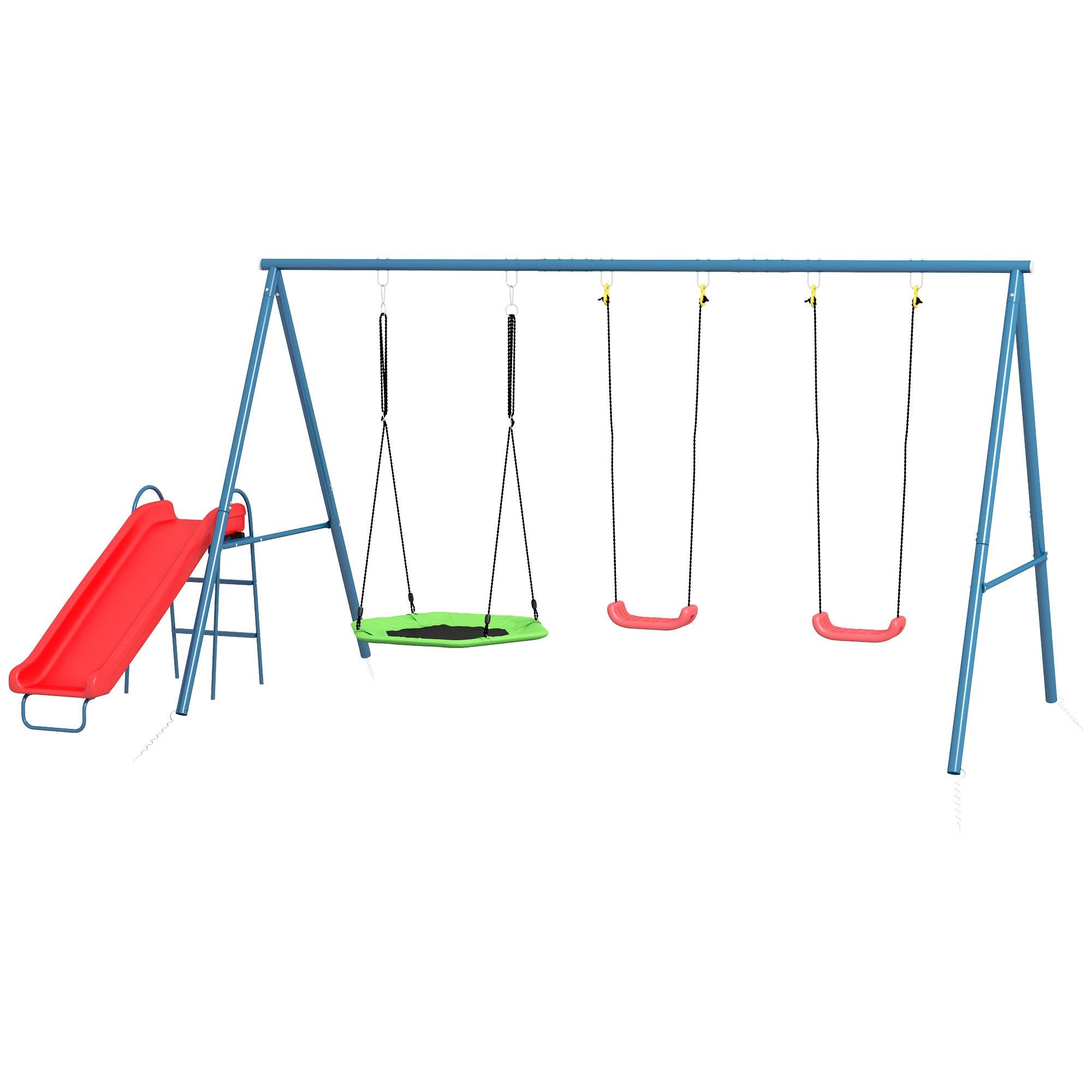 Red Metal Swing Set with Nest Swing and Slide