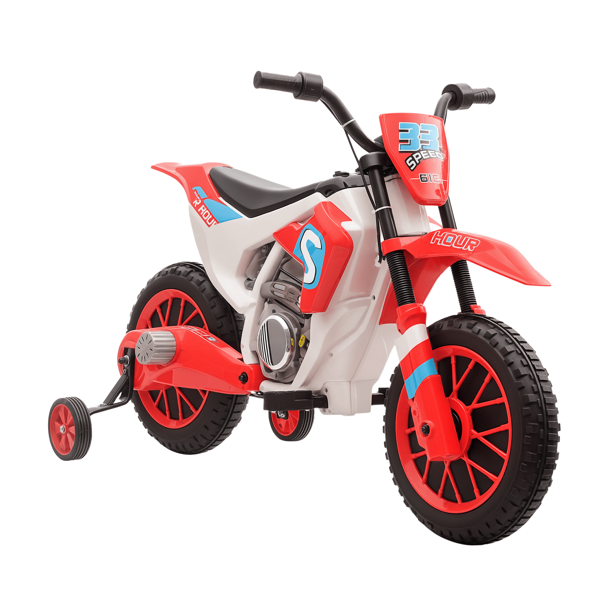 Red 12V Kids Dirt Bike with Dual Motors and Training Wheels