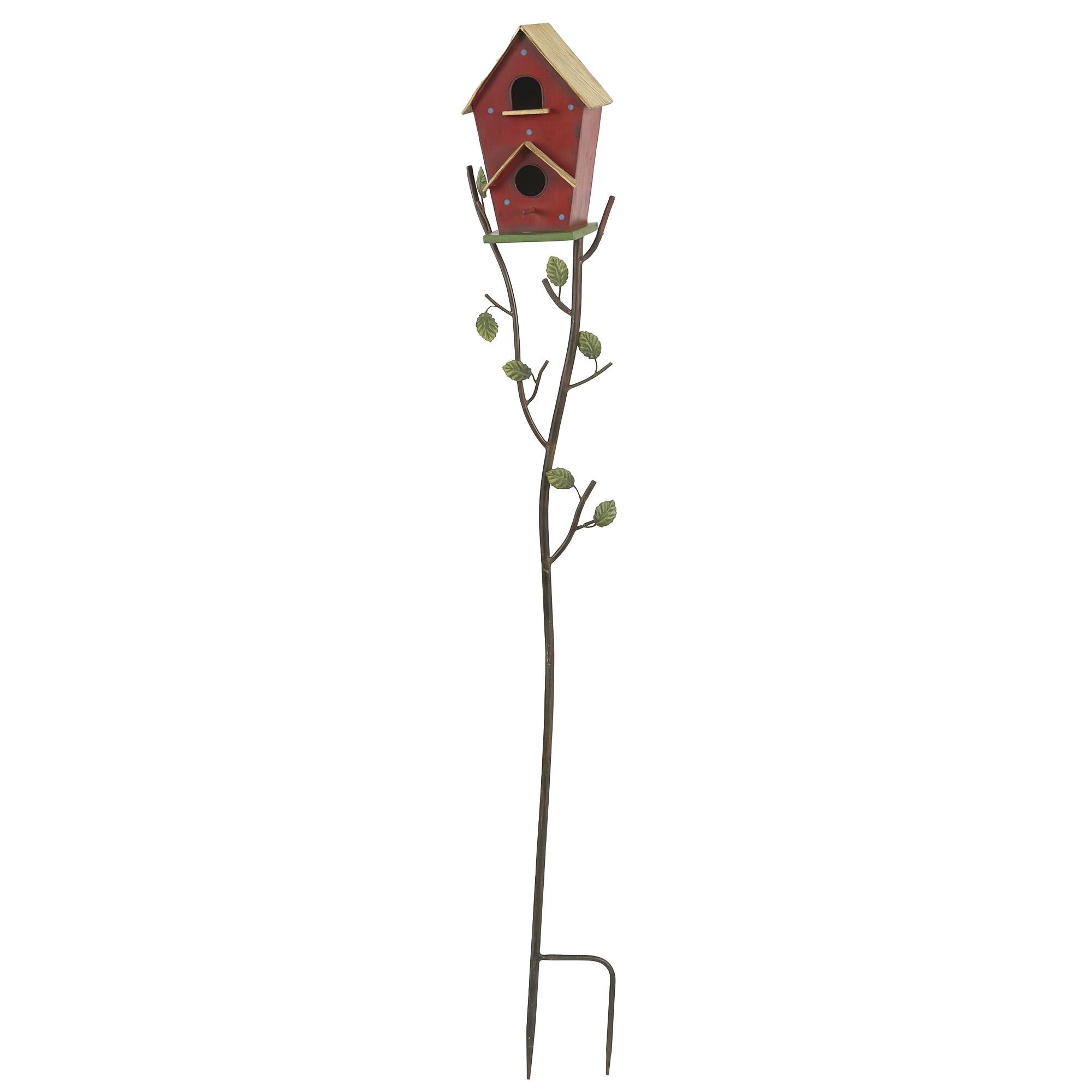 Red Metal Bird House with Pole, 56.7-Inch Garden Decor