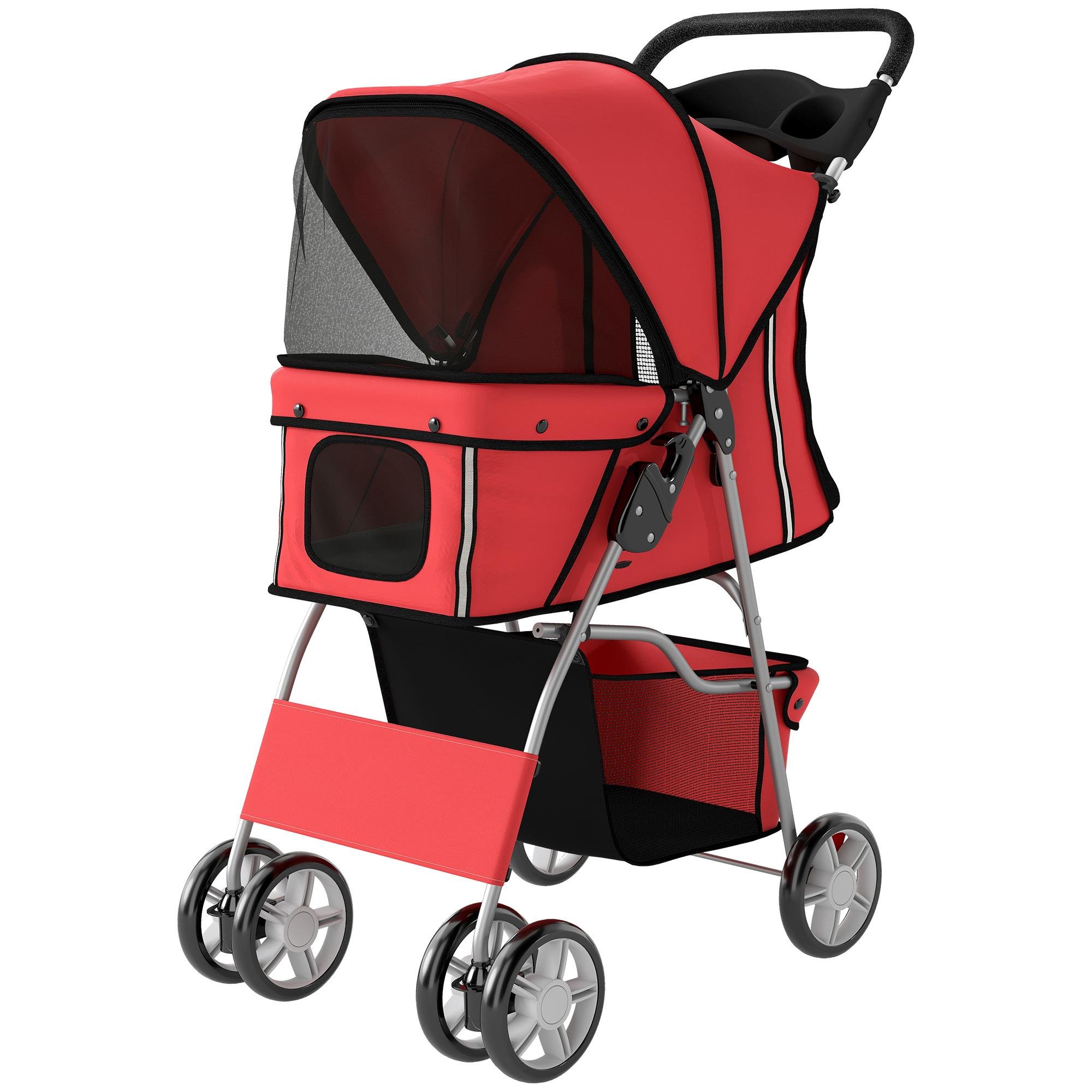 Red Mesh Pet Stroller with Reflective Strips for Small Pets