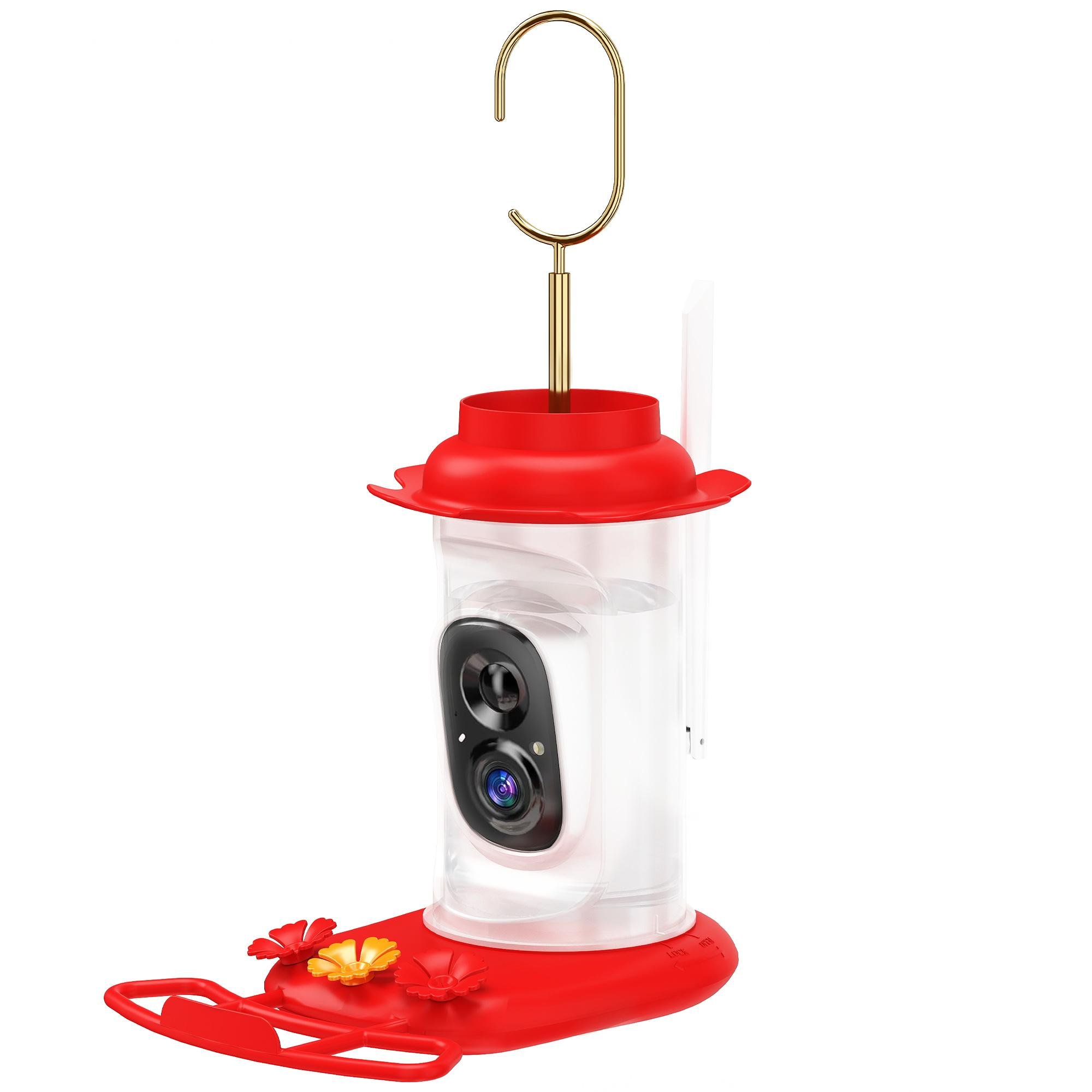 Red Plastic Solar Bird Feeder with Camera, 2K HD