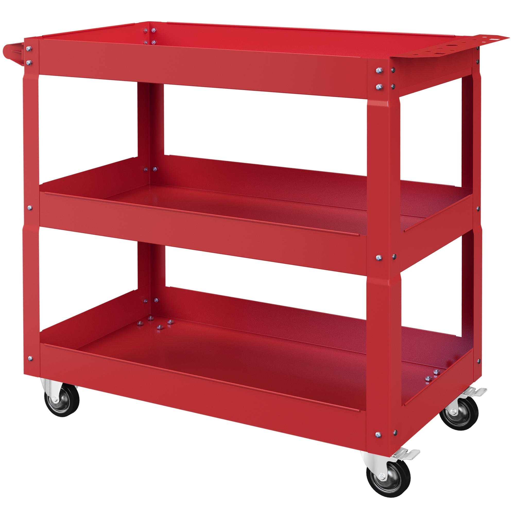 Red 330 lb Tool Cart, 3-Tier Cold-Rolled Steel