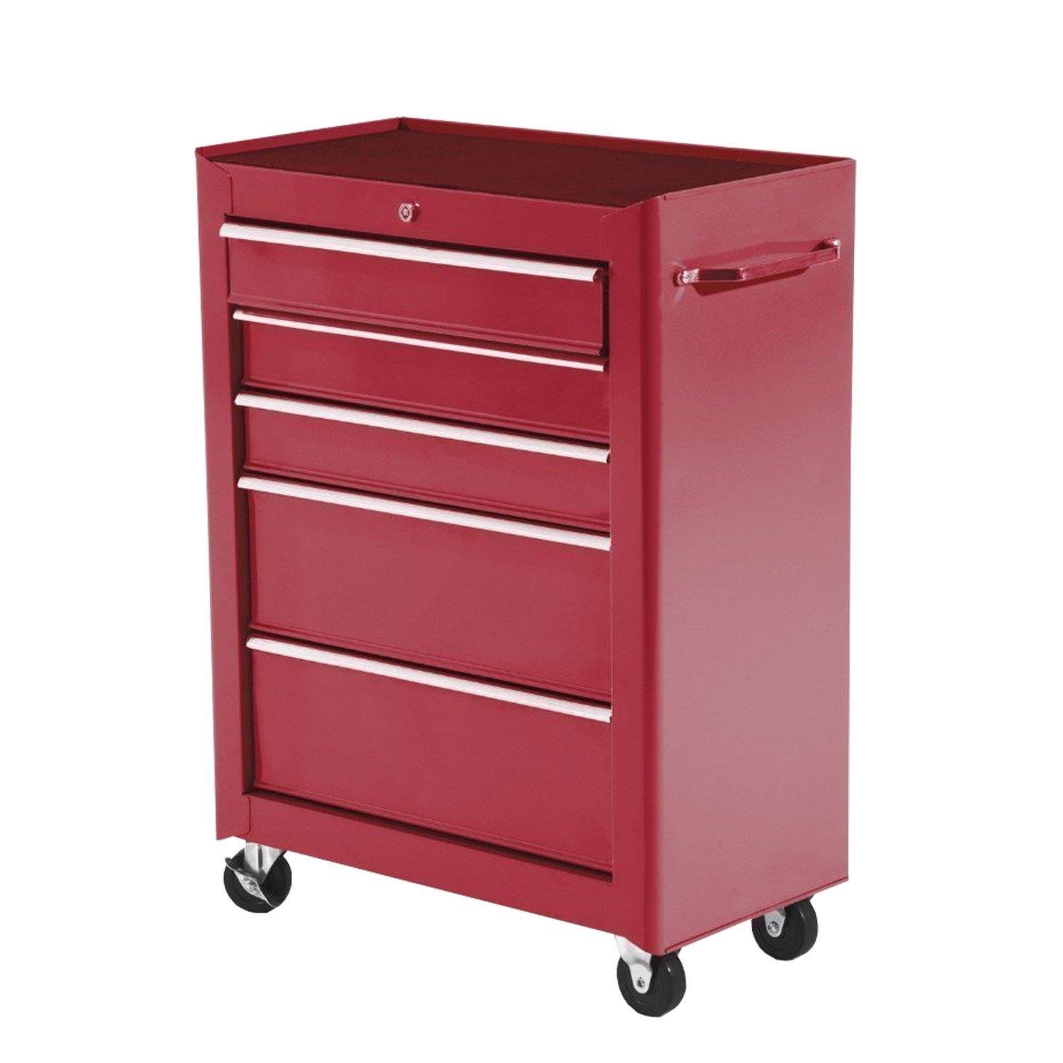 Red Steel Five Drawer Cart with Lock and Casters