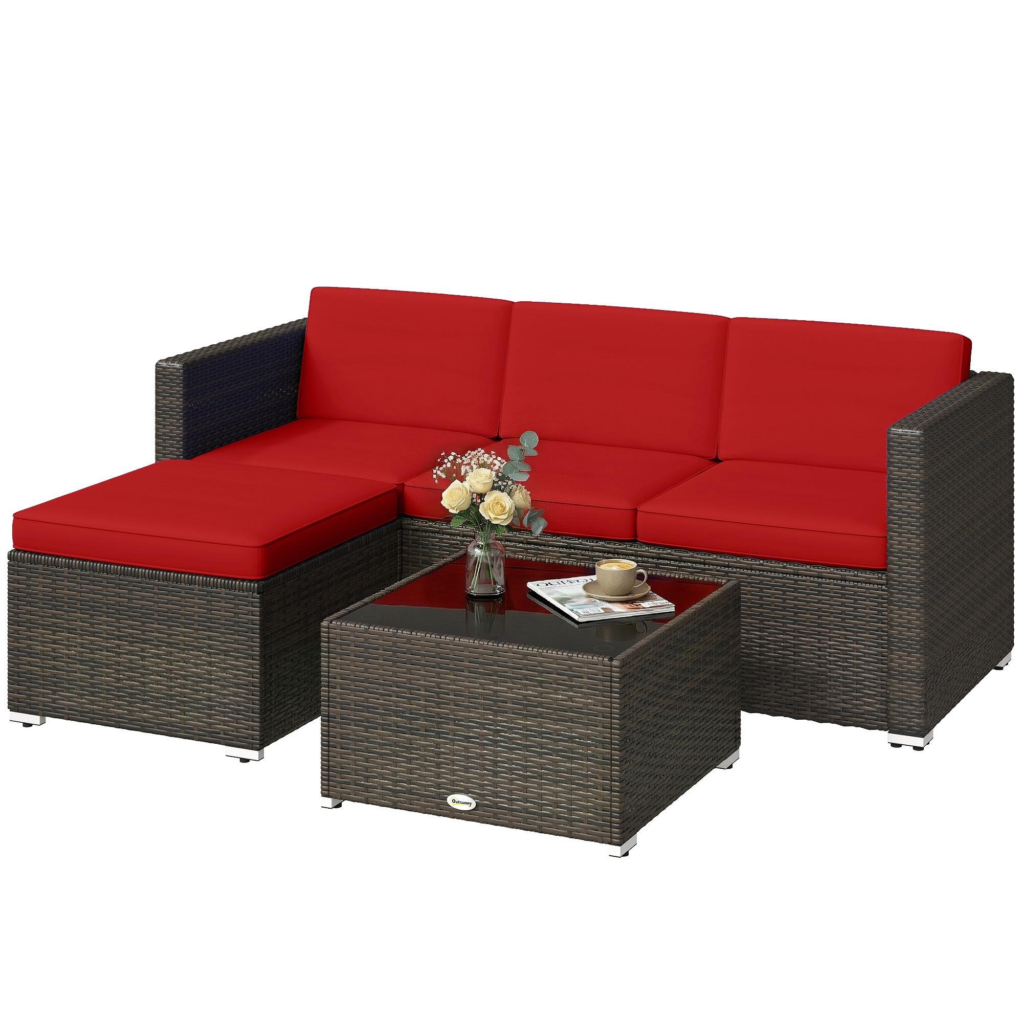 Red PE Rattan Sofa Set with Glass Table, 3-Piece
