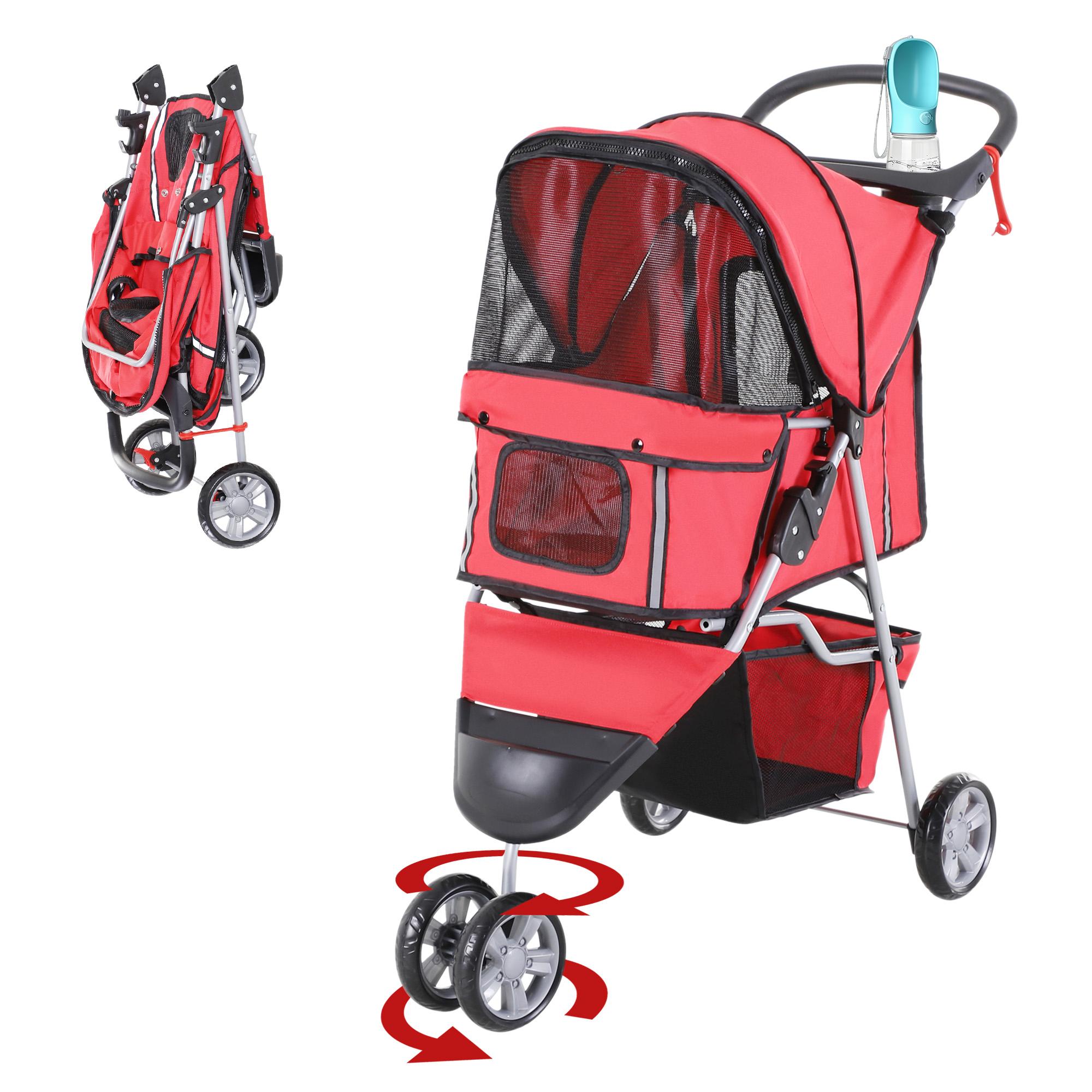 Red Foldable Dog Stroller with Adjustable Canopy