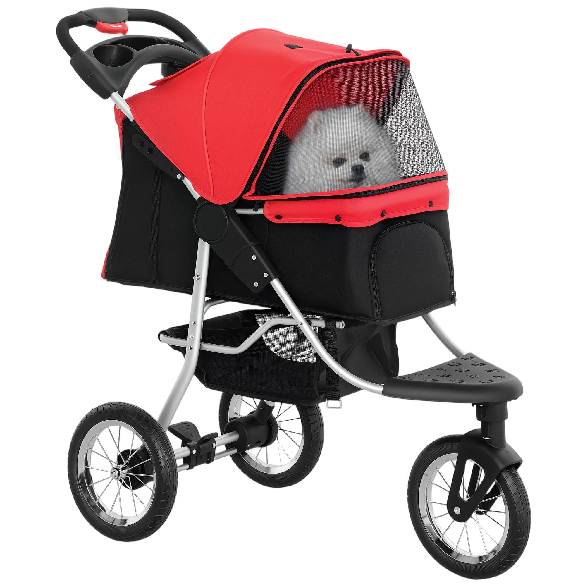Red Three-Wheel Pet Stroller for Small Dogs