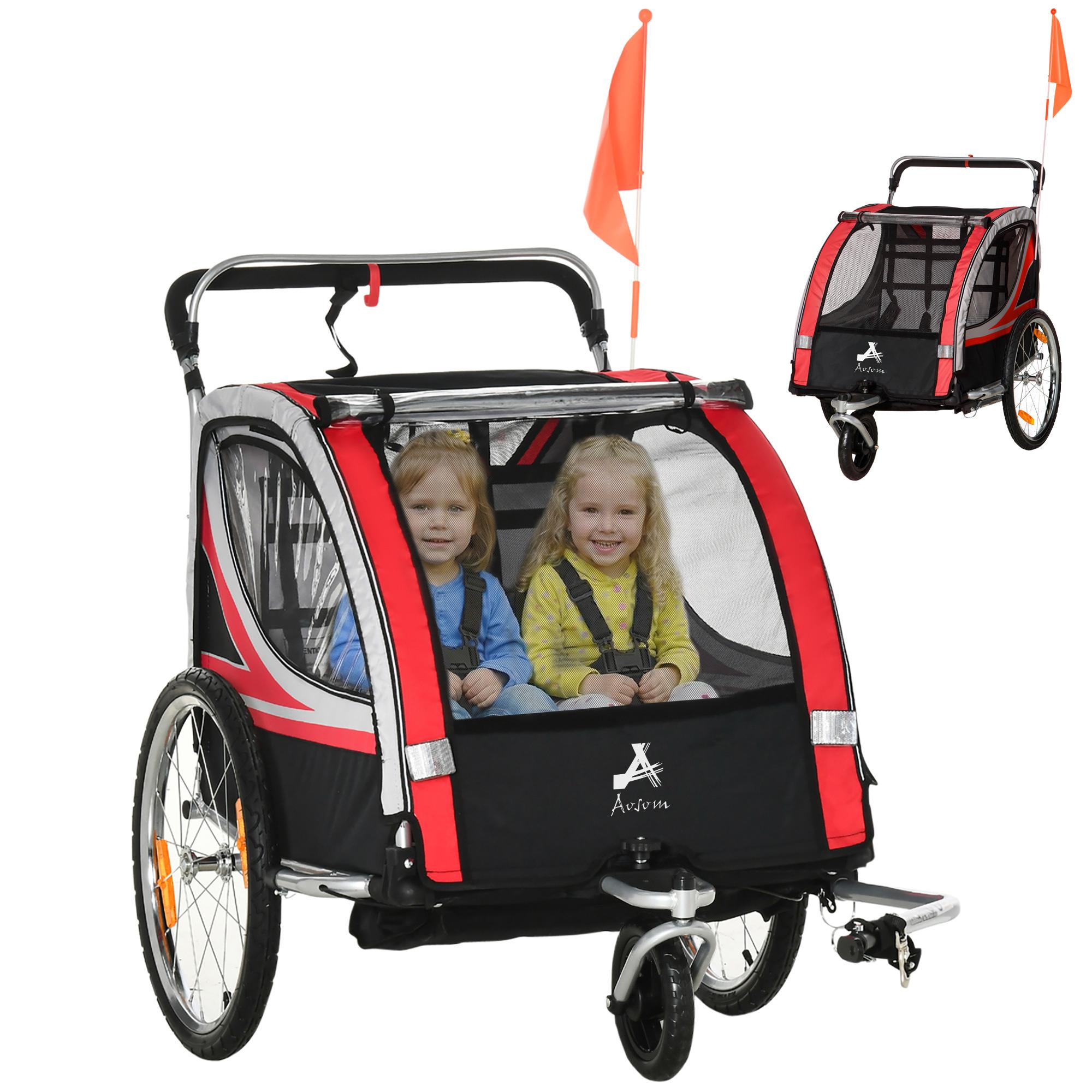 Red Double Seat Trailer, 2-in-1 Stroller with Handbrake