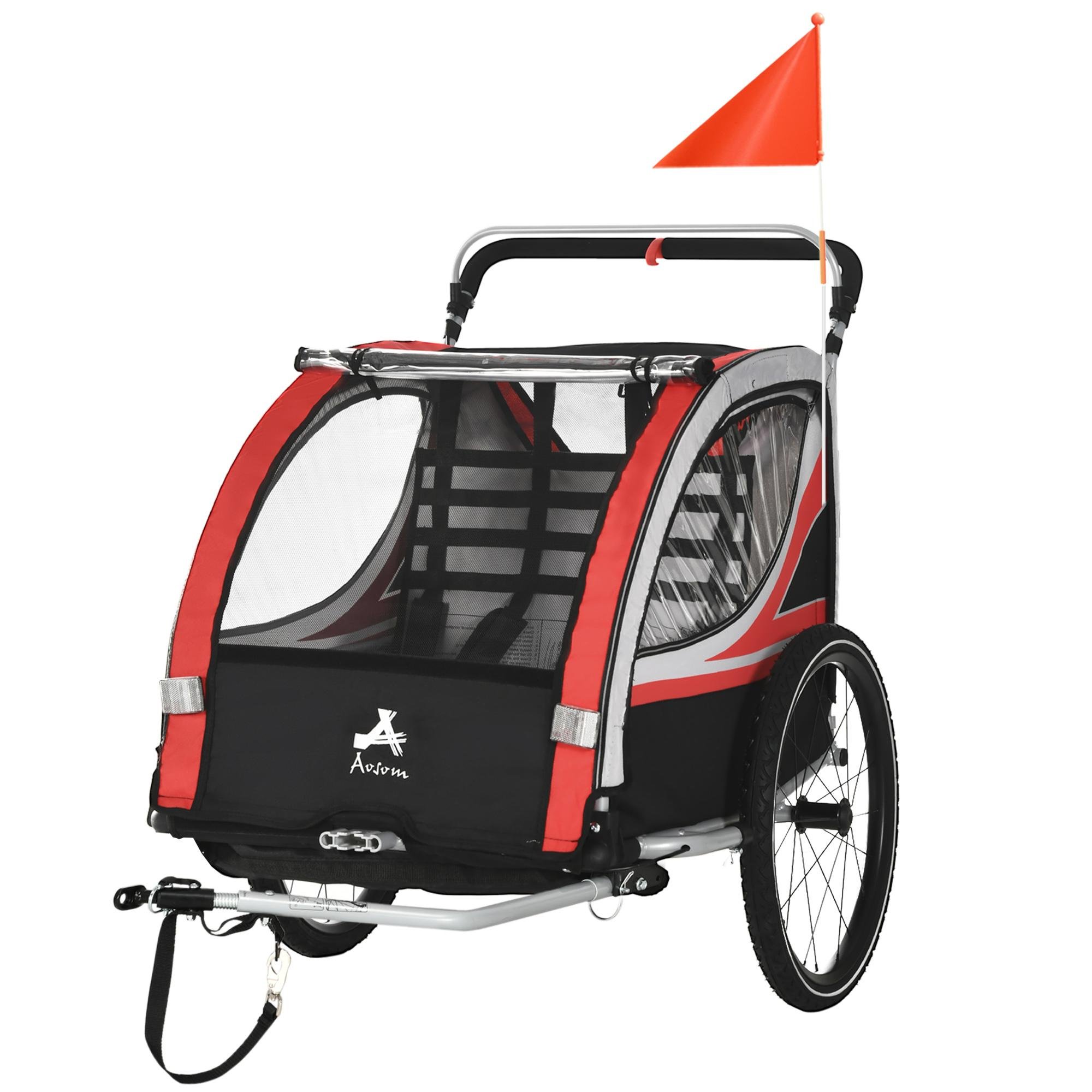 Red 3-in-1 Bike Trailer, 3-Way Use for Two Kids