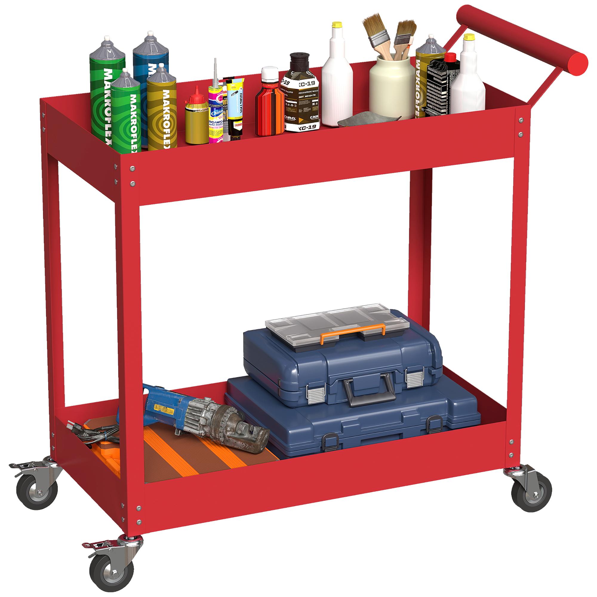 Red 2 Tier Utility Cart, 330 lb Mobile Alloy Steel Storage
