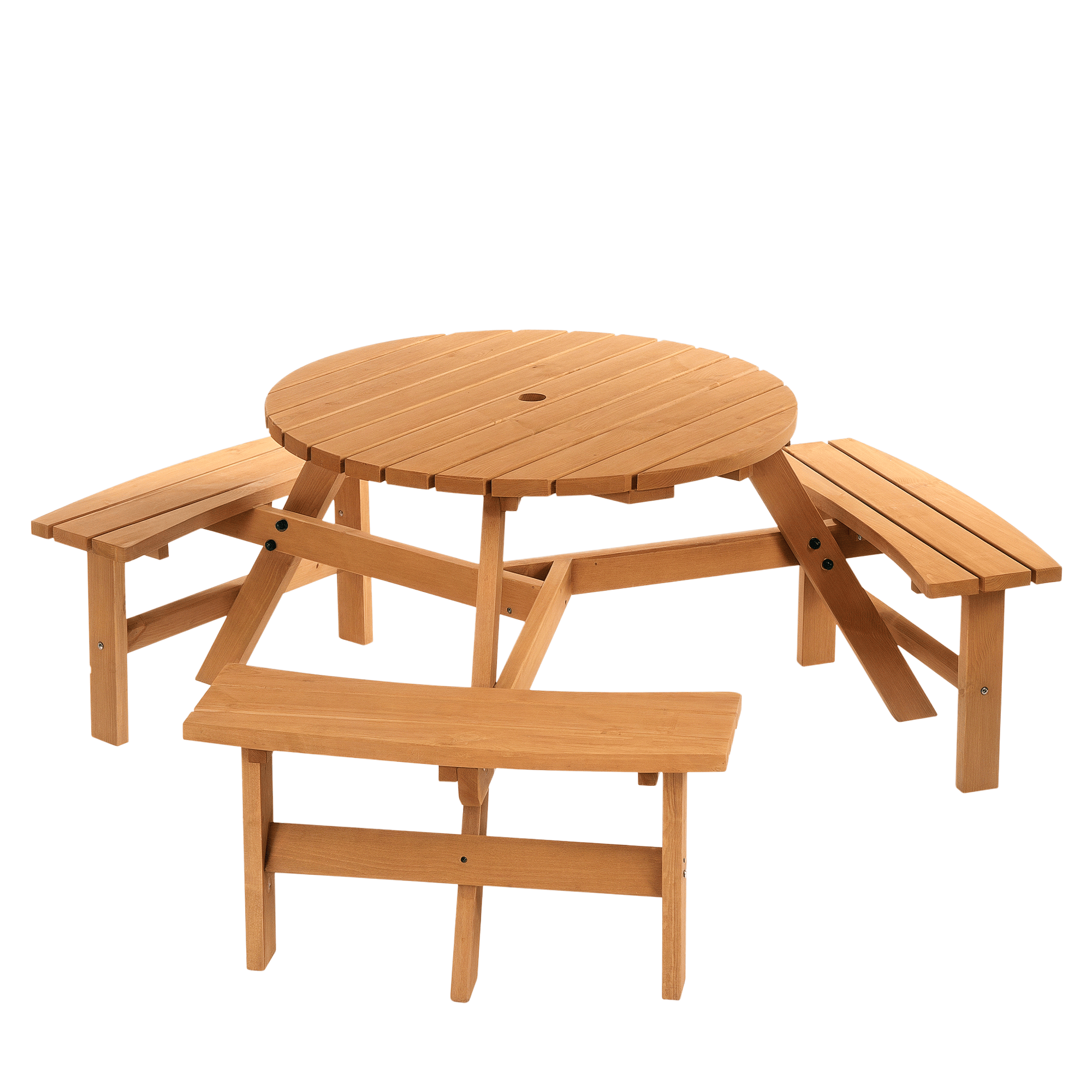 Large Brown Wood Picnic Table with 3 Built-In Benches for 6