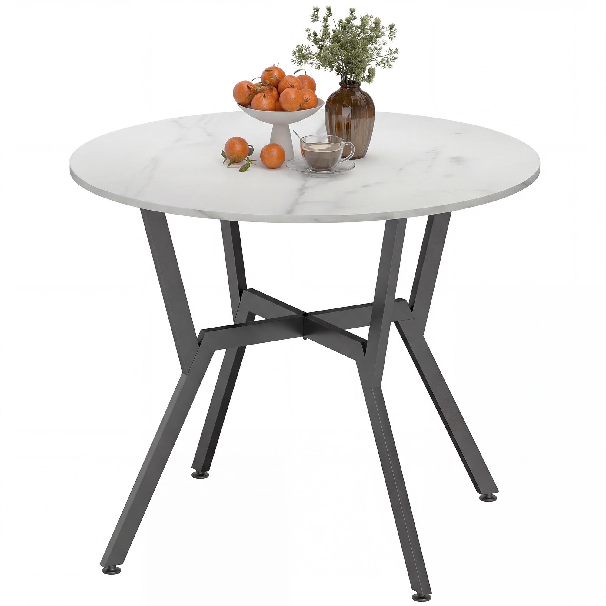 White Marble Dining Table with Steel Frame, 35.4-Inch Round