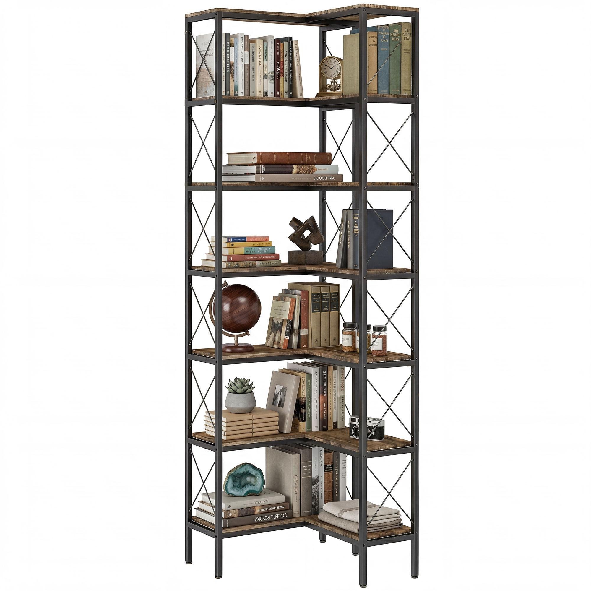 6-Tier L-Shaped Bookshelf, Rustic Brown Corner Storage