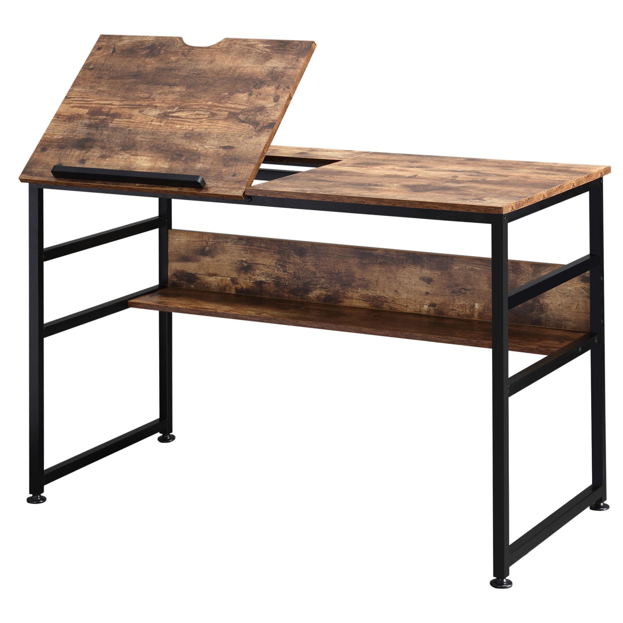Rustic Brown Adjustable Drafting Desk with Storage Shelf