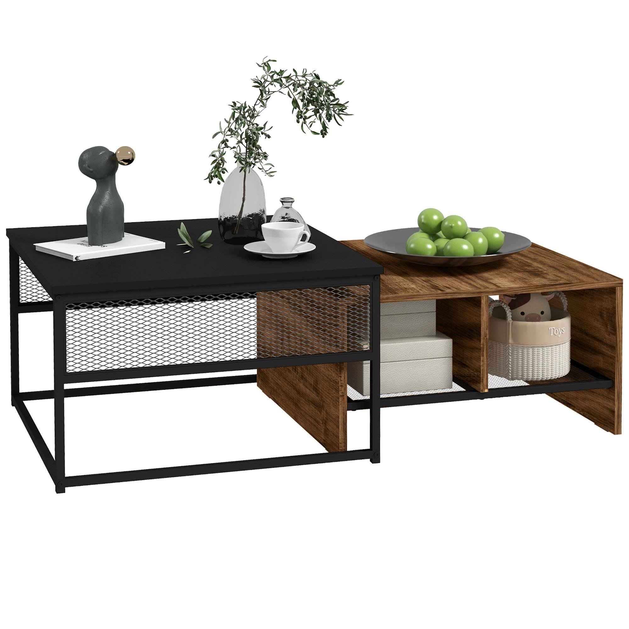 Rustic Brown Nesting Coffee Tables with Mesh Shelves