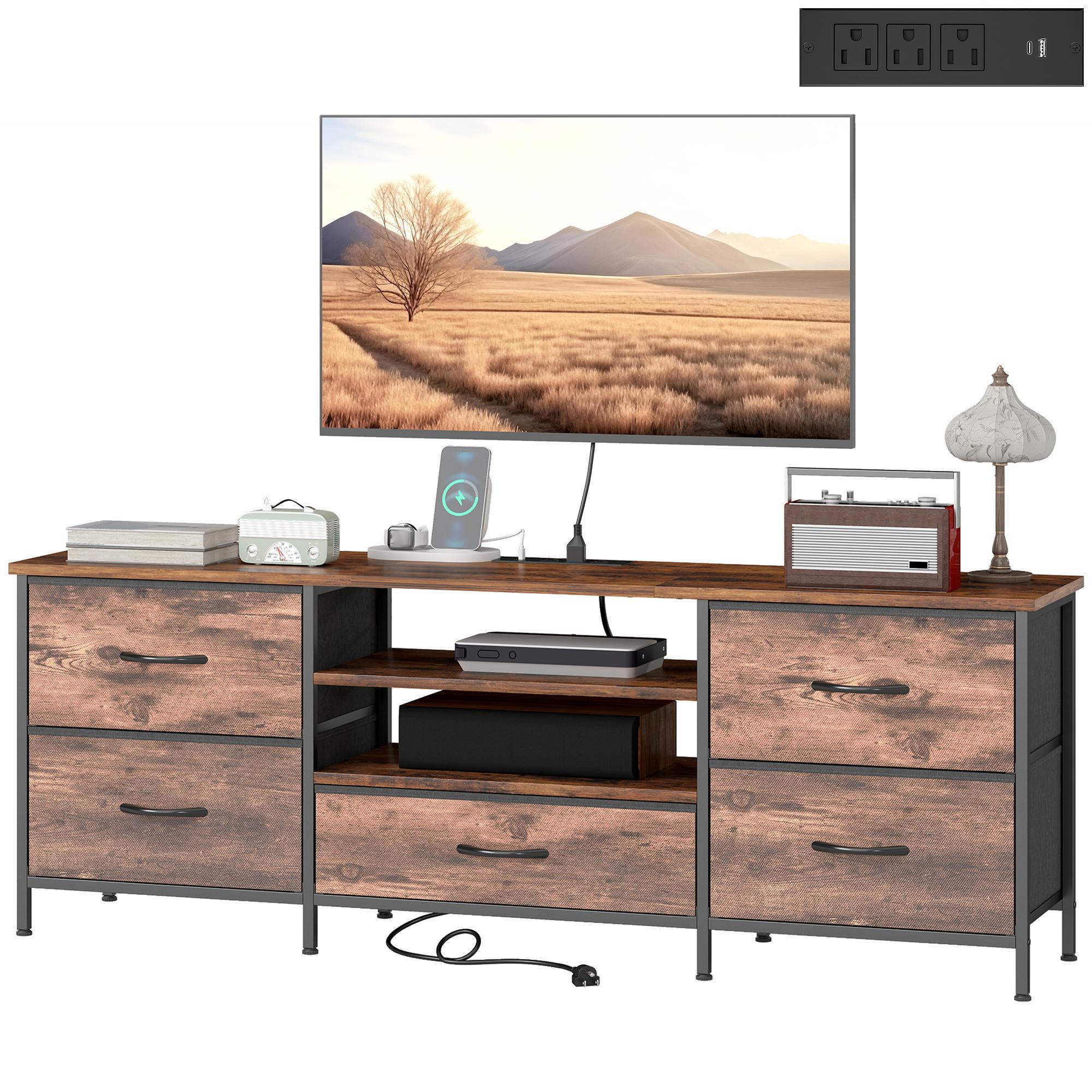 55 inch charging tv stand with five drawers and shelves