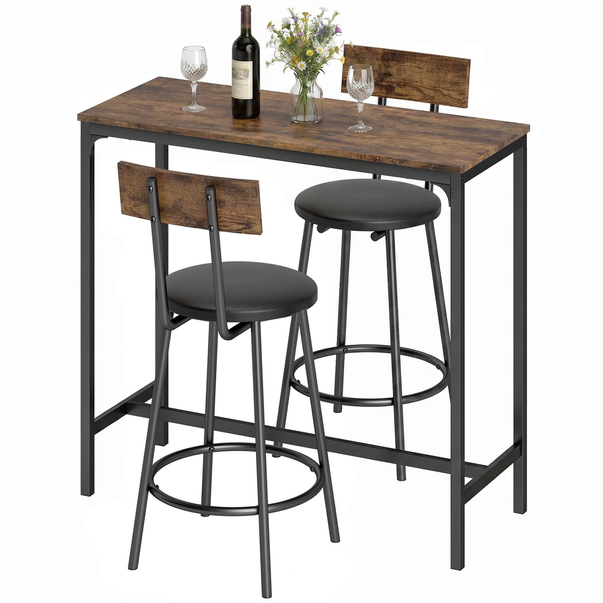 Rustic Brown Bar Table Set, 3-Piece with Cushioned Stools