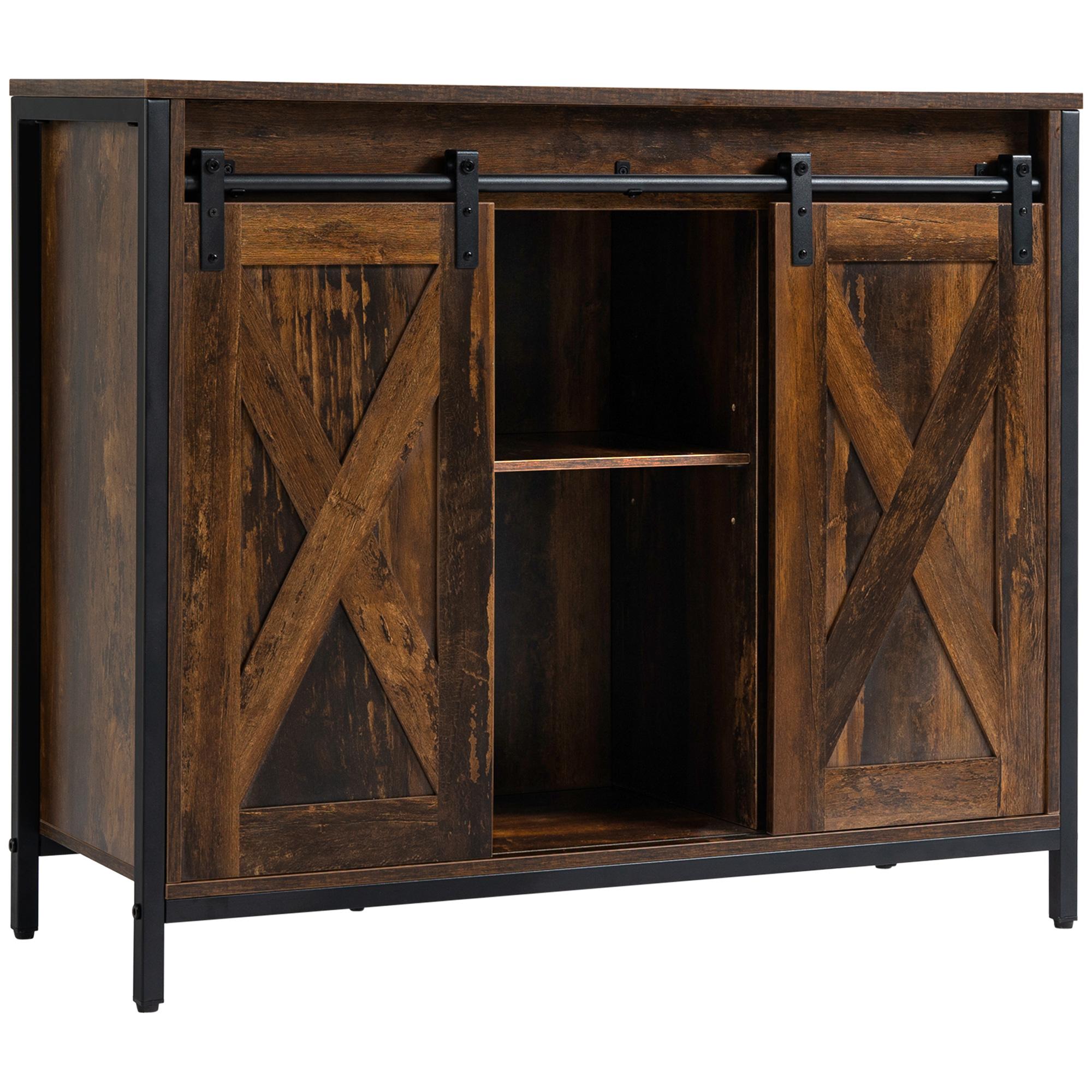 Rustic Brown Barn Door Cabinet with Adjustable Shelves, 35.5 in