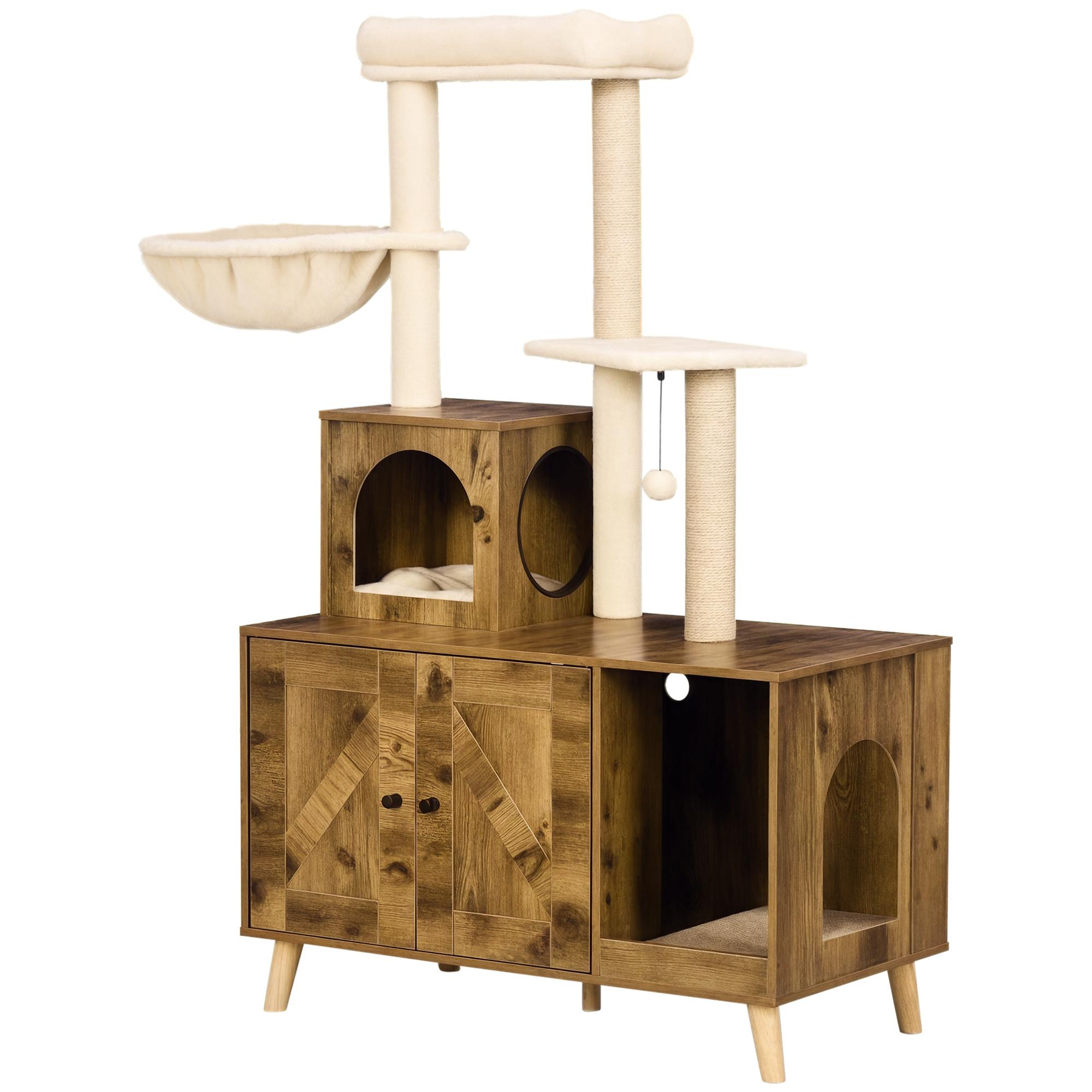 Rustic Brown Cat Litter Enclosure with Cat Tree Tower