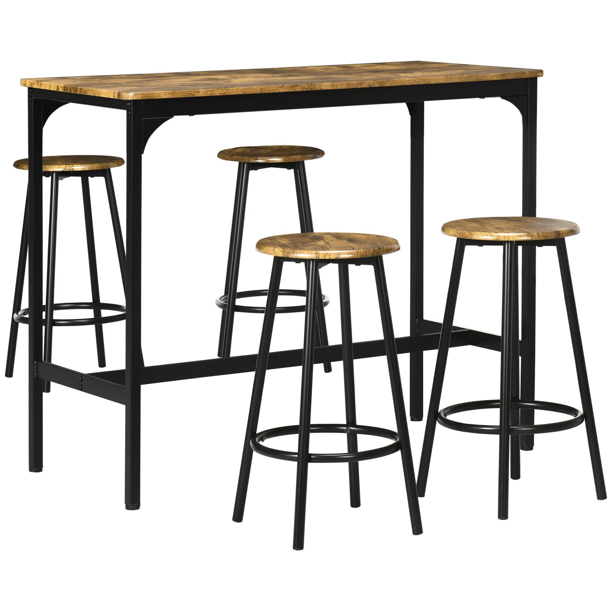 Rustic Brown Bar Set with Four Stools and Space-Saving Design