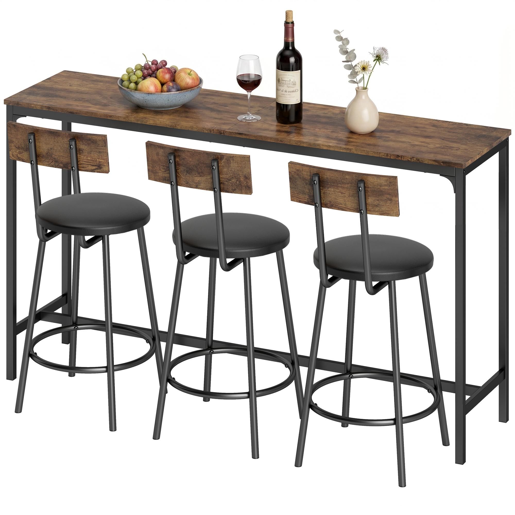 Rustic Brown 4-Piece Bar Set with Cushioned Stools