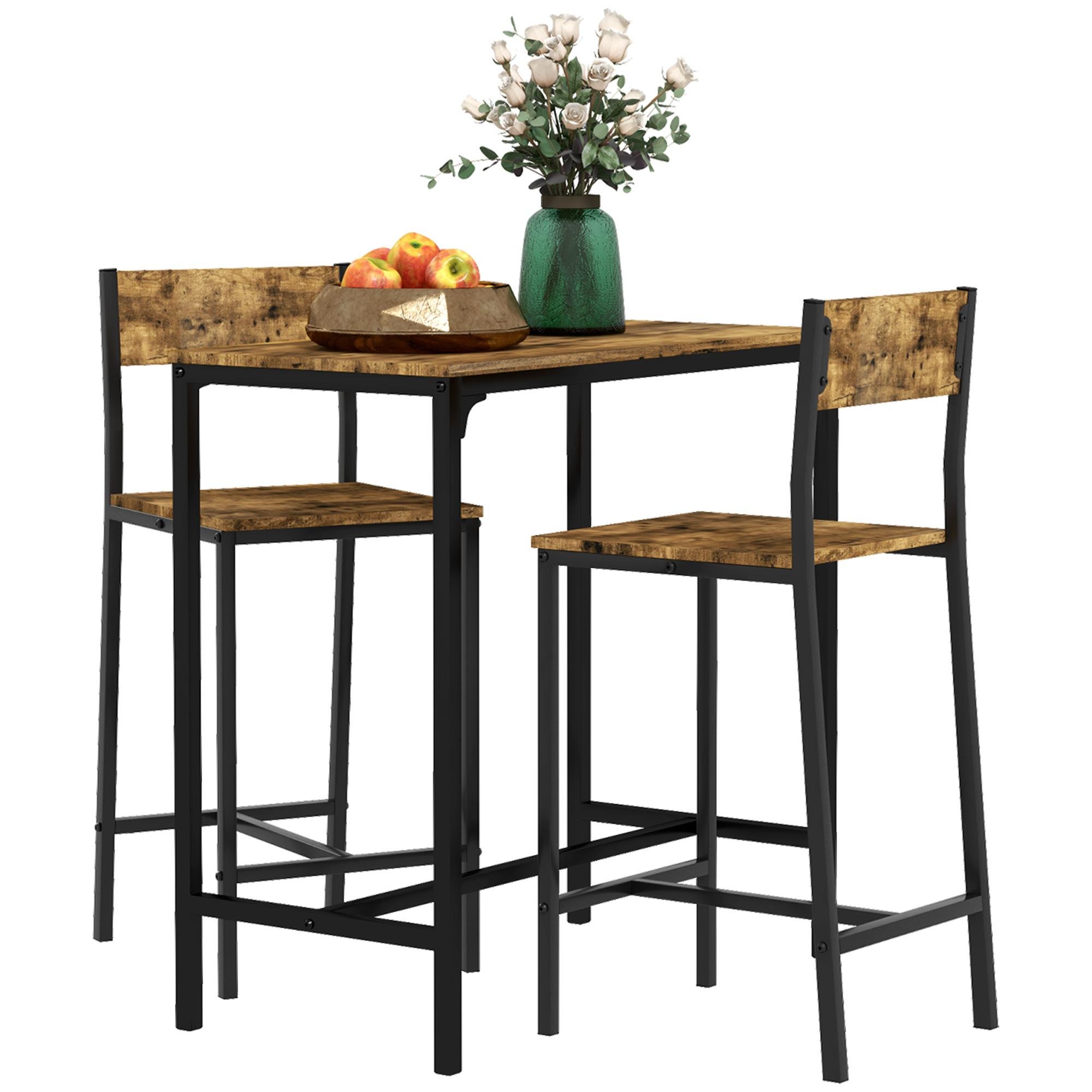 Rustic Brown 3-Piece Bar Set with High-Back Stools