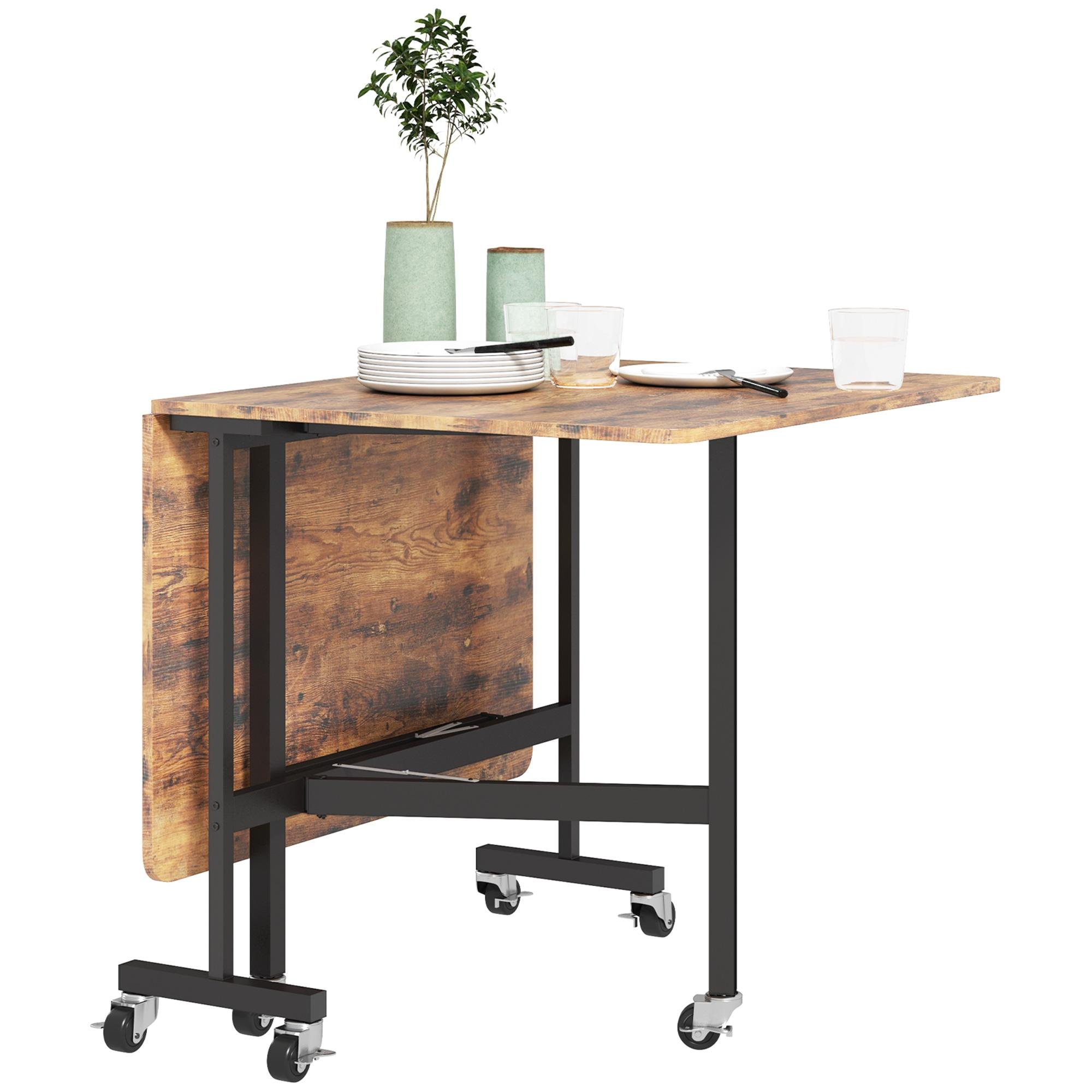 Rustic Brown Drop-Leaf Table with Wheels for Six