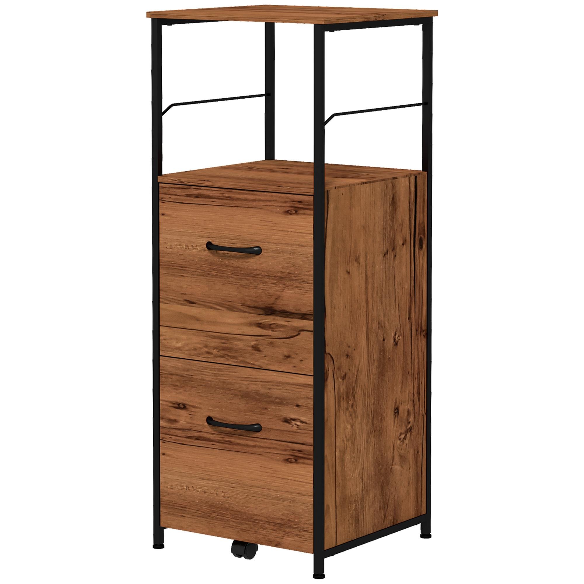 Rustic Brown File Cabinet with 2 Drawers and Open Shelf