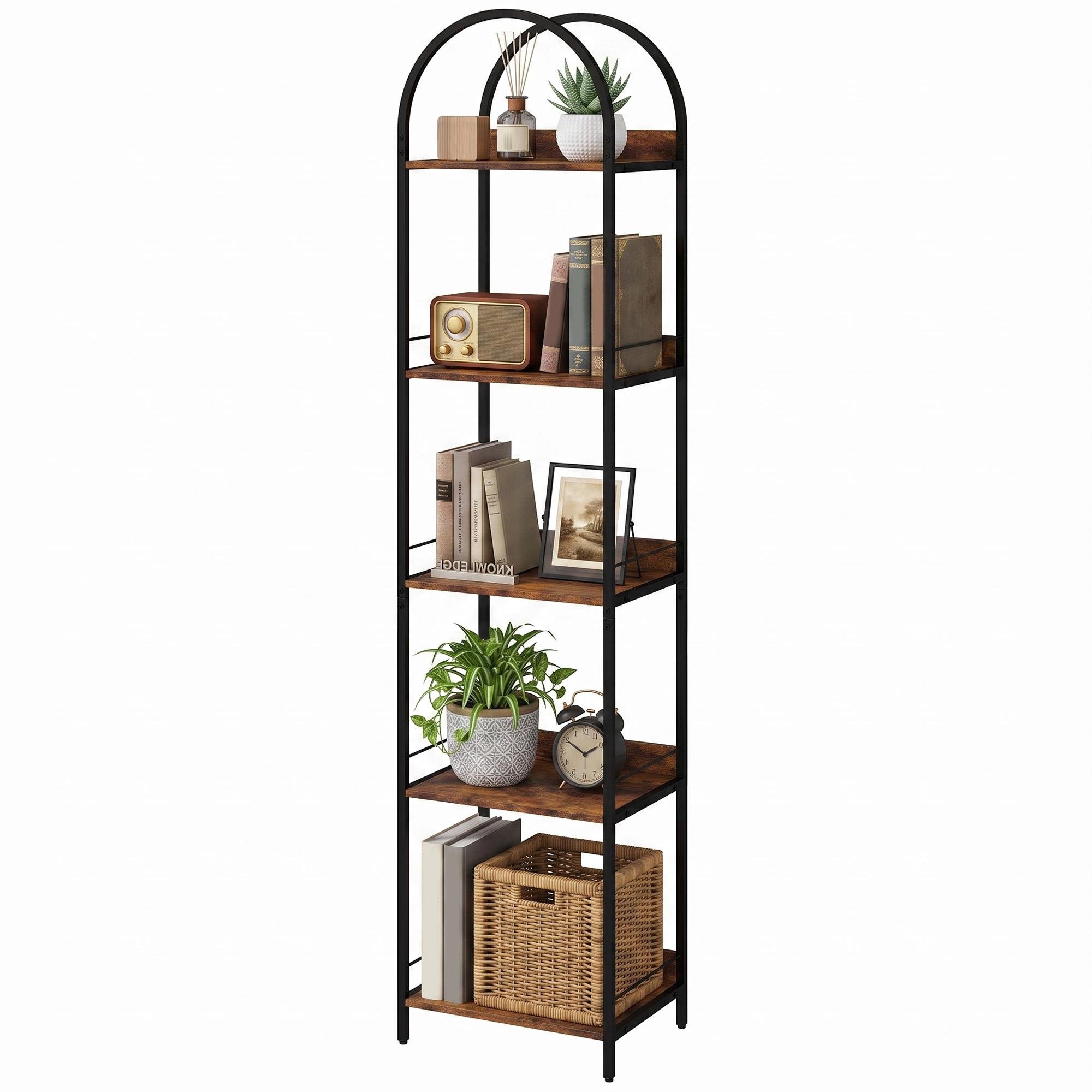 Rustic Brown Arched Bookshelf, 5-Tier Slim Design