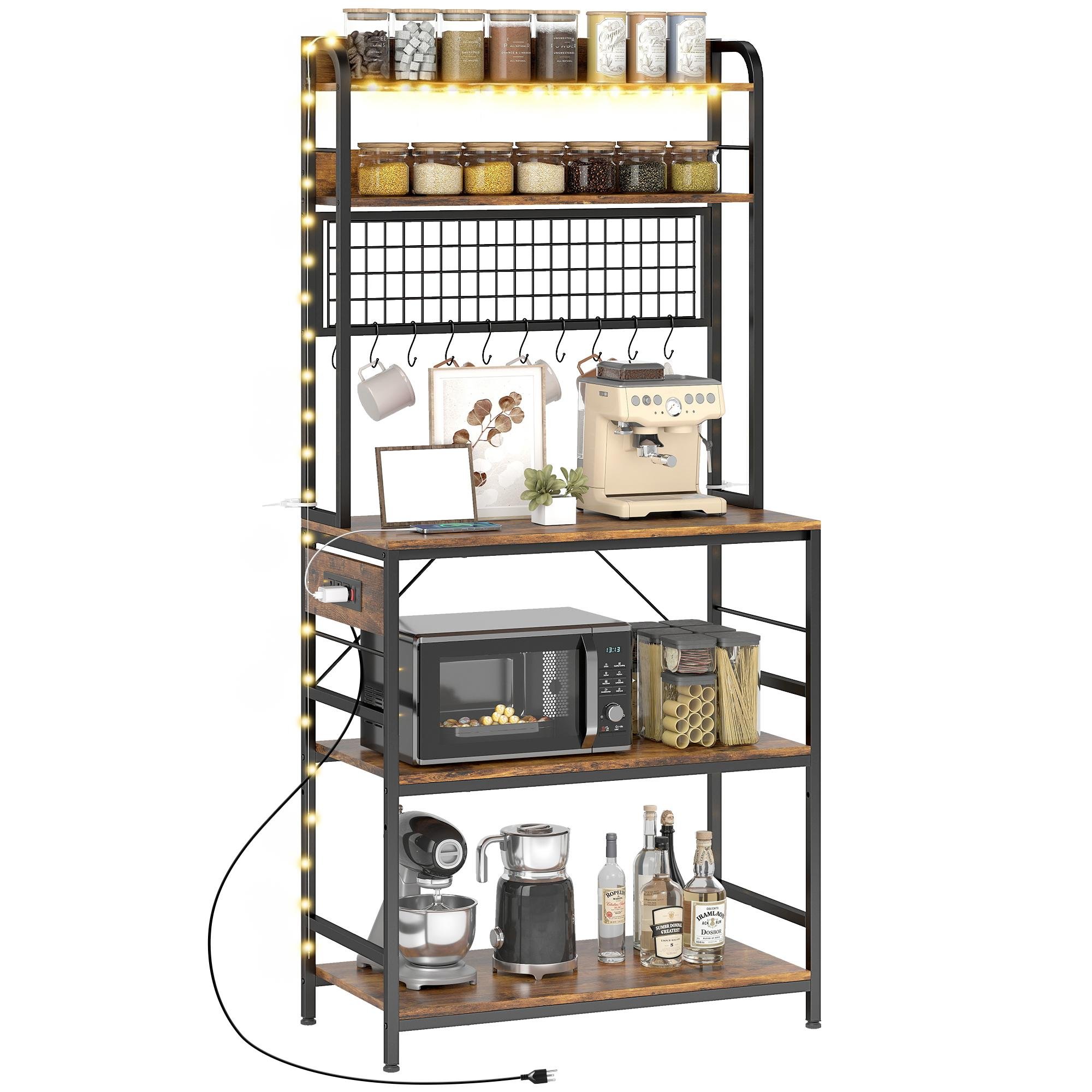Five-Tier Kitchen Bakers Rack with LED Light, 10 Hooks