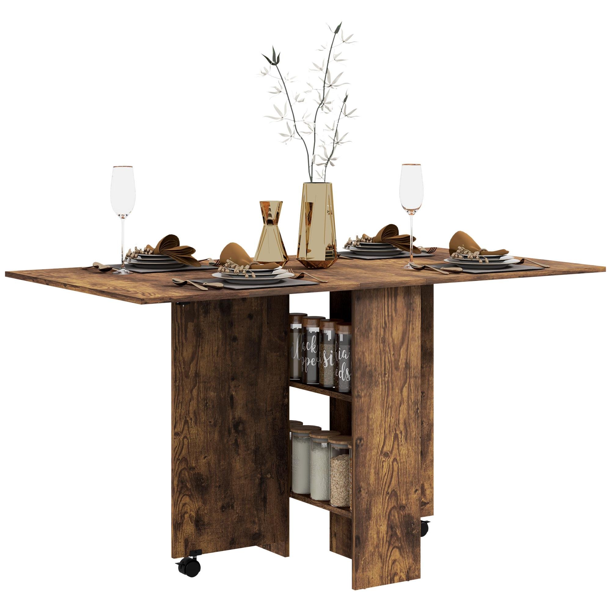 Rustic Brown Dining Table Shelves, Folding Drop Leaf for Small Spaces