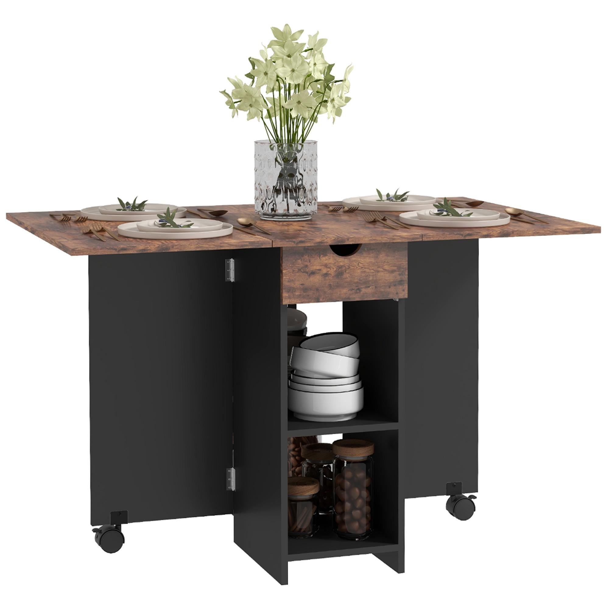 Rustic Brown Four-Seat Table with Drop Leaves and Storage