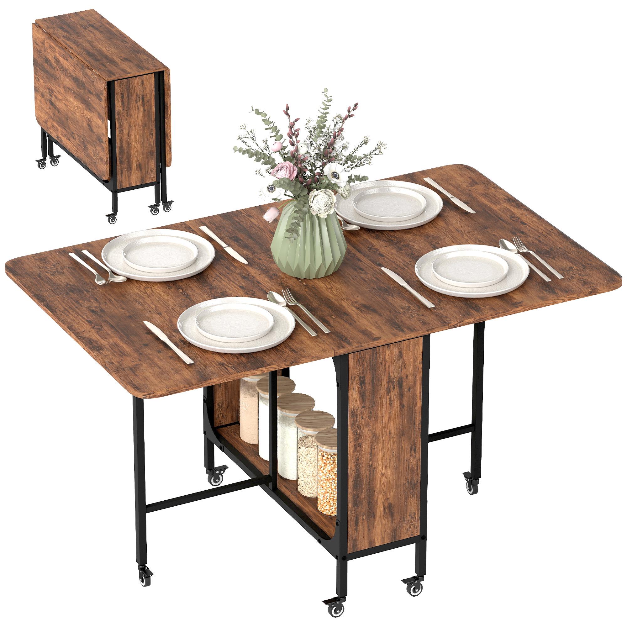 Rustic Brown Folding Dining Table with Storage Shelf