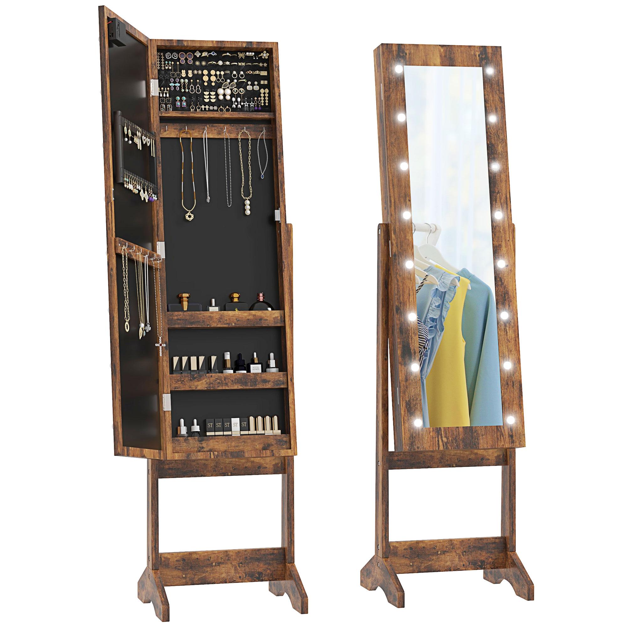 Rustic Brown Lighted Armoire with Full-Length Mirror