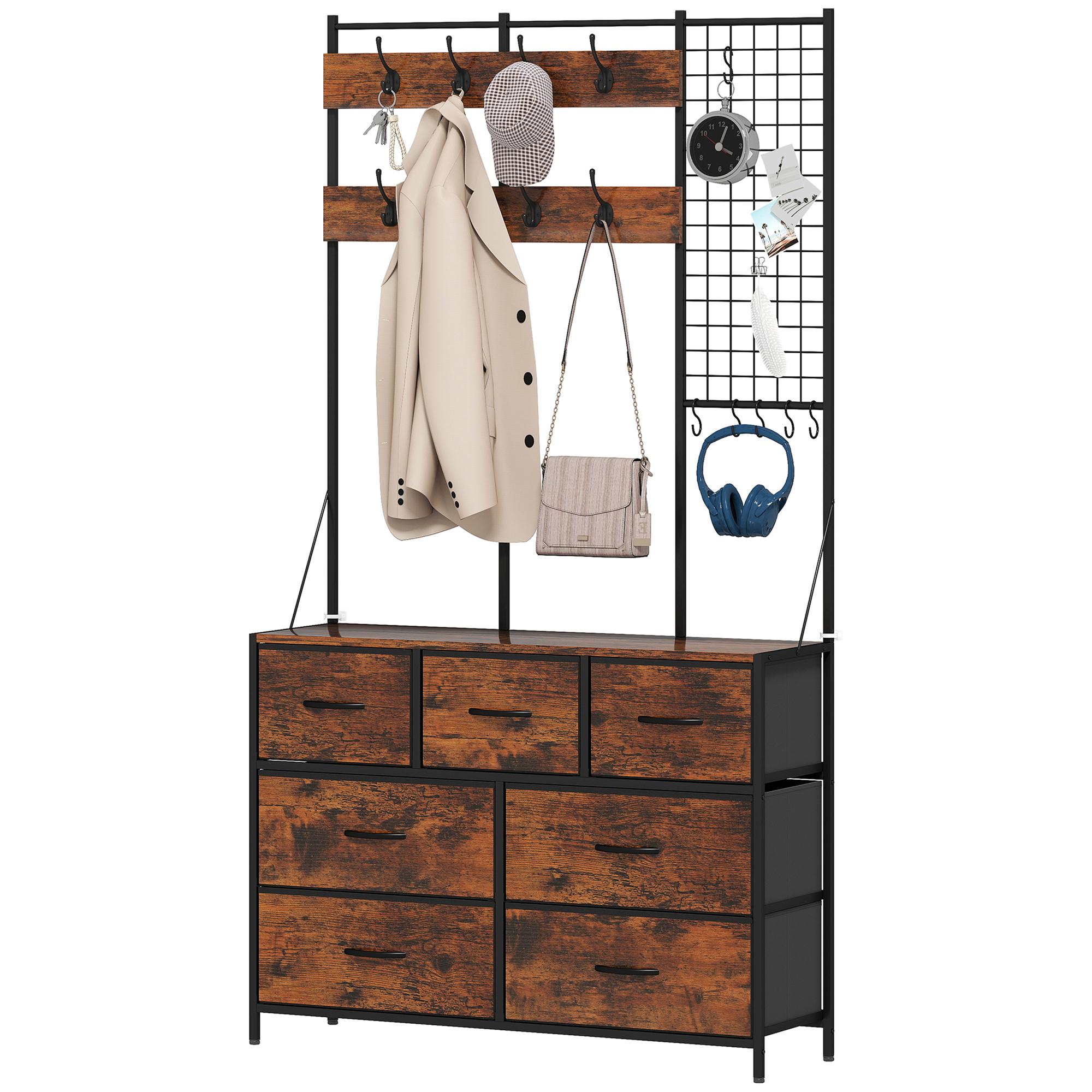 7 Drawer Coat Rack with 14 Hooks, Rustic Brown Hall Tree