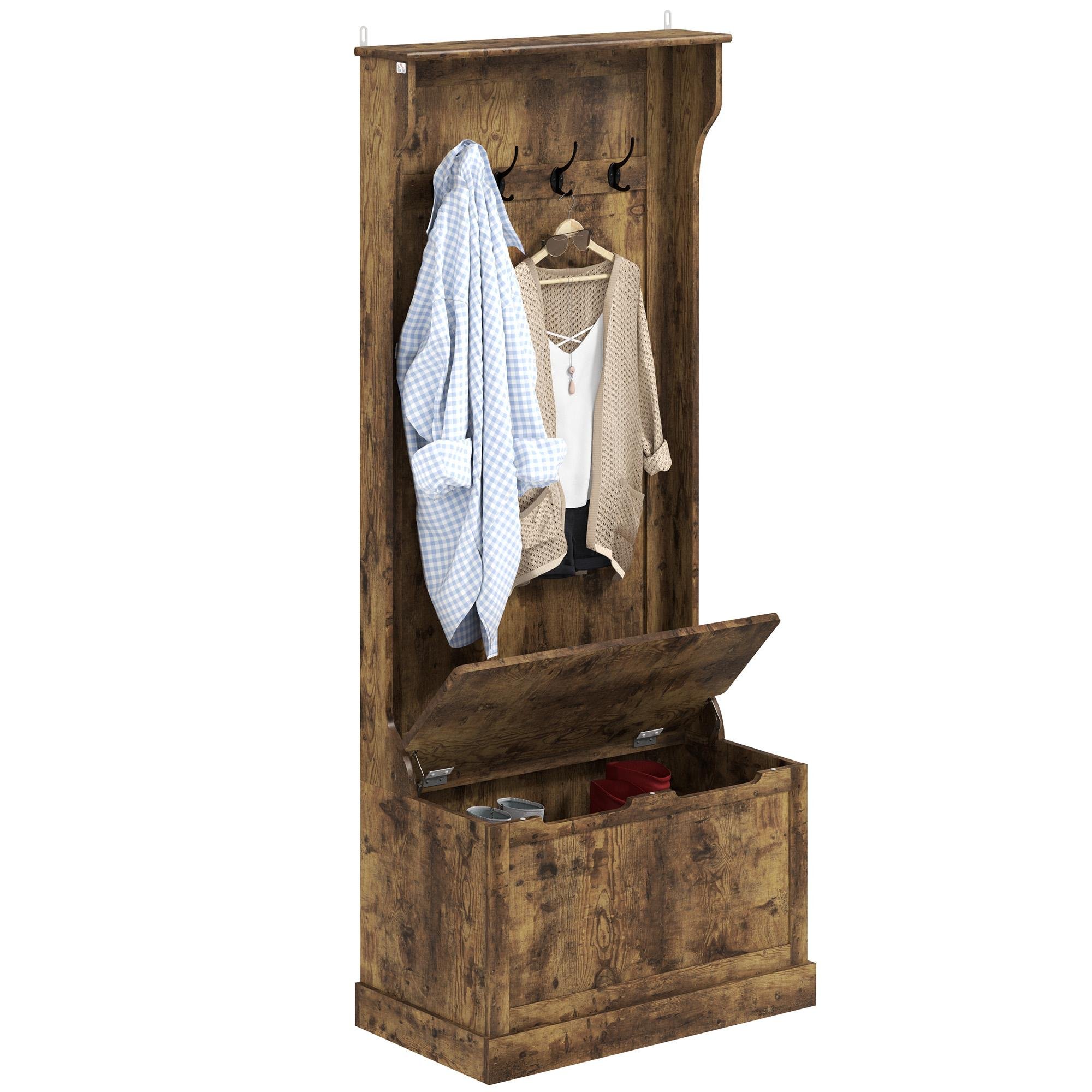 Rustic Brown Hall Tree with Bench Storage and Double Hooks