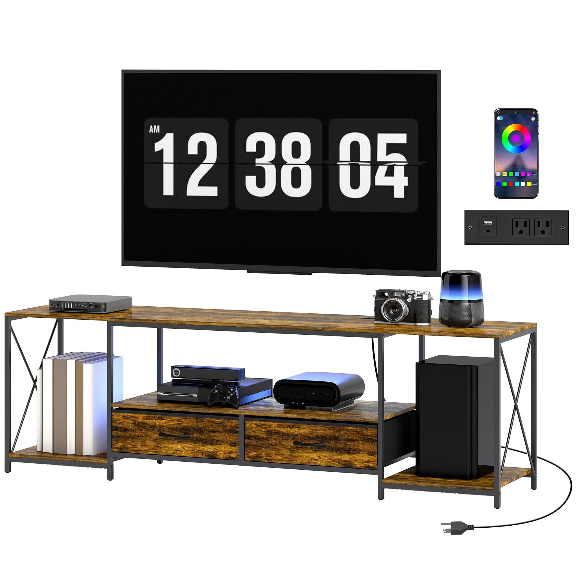 Rustic Brown TV Console with RGB Lighting and Charging