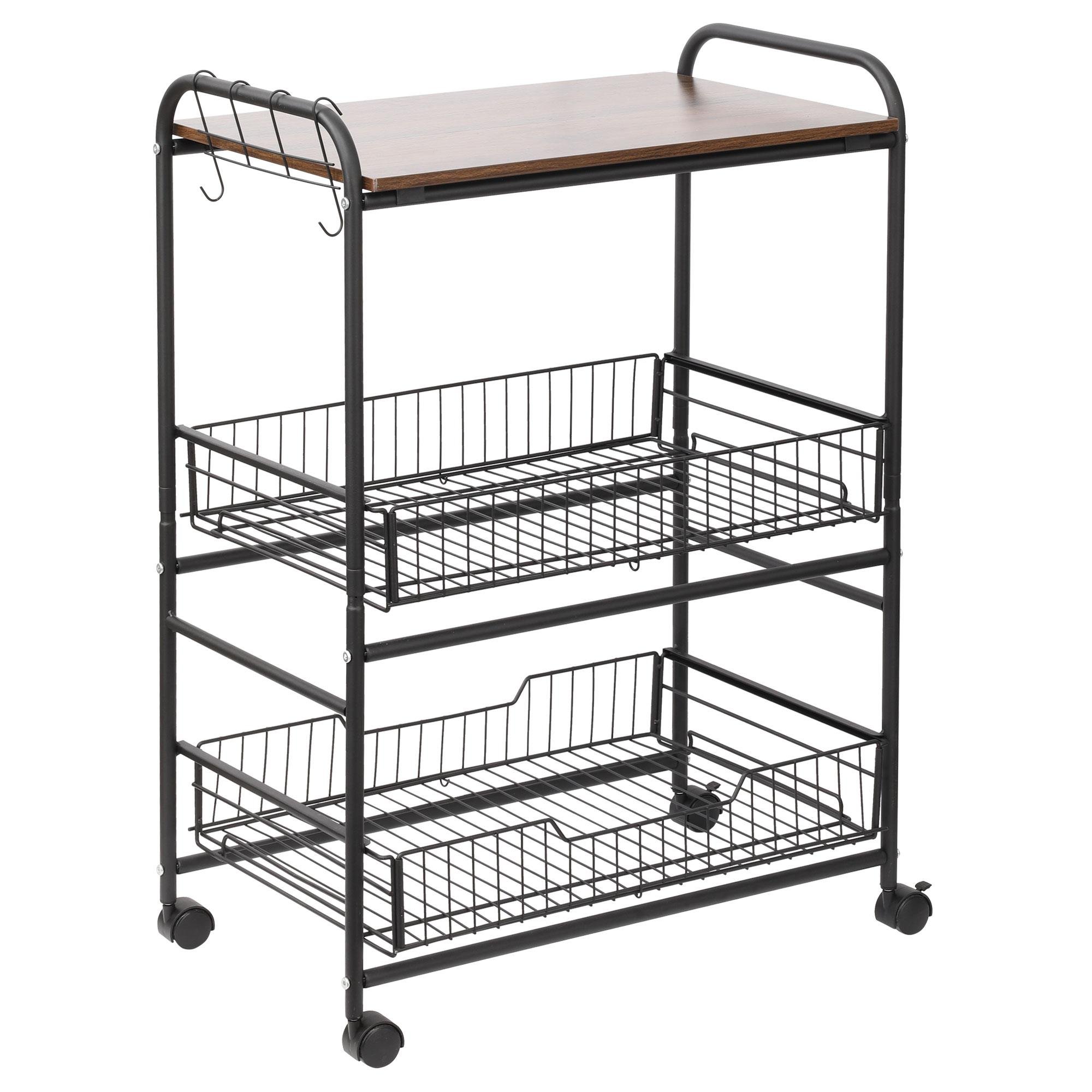 Rustic Brown Utility Kitchen Cart with Pull-Out Baskets