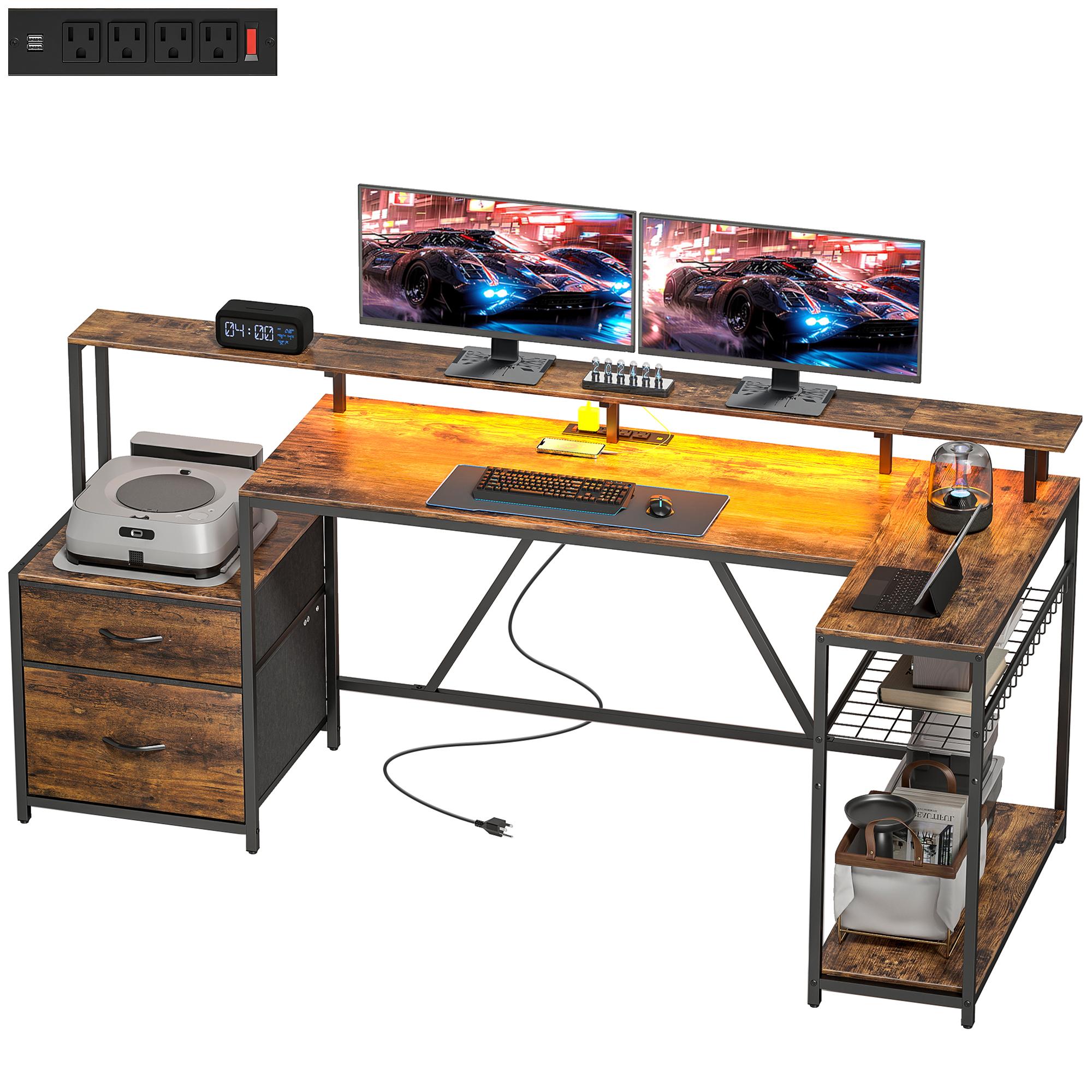Rustic Brown Gaming Desk with RGB Lighting, 75.8 in