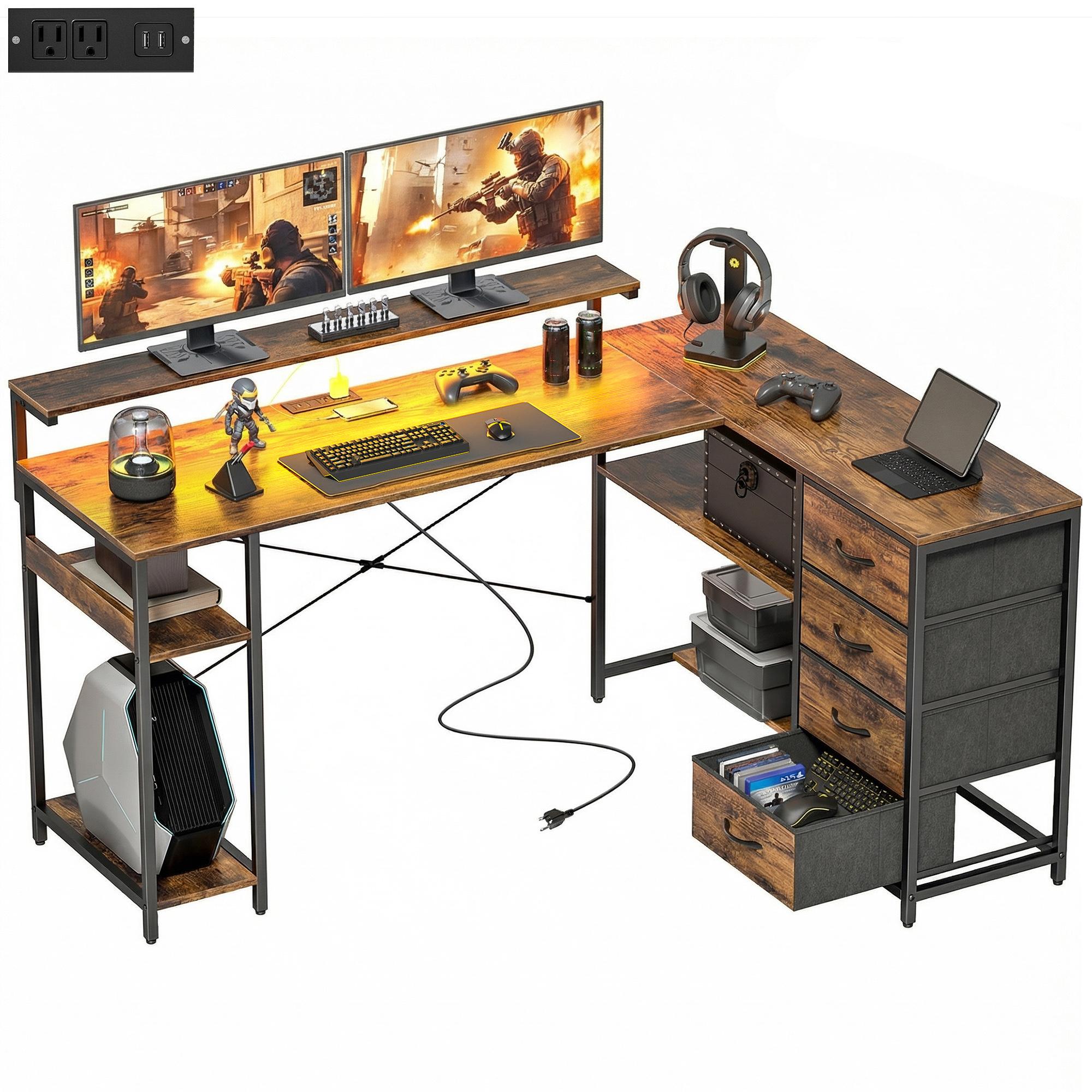 Rustic Brown L-Shaped Gaming Desk with LED Lights