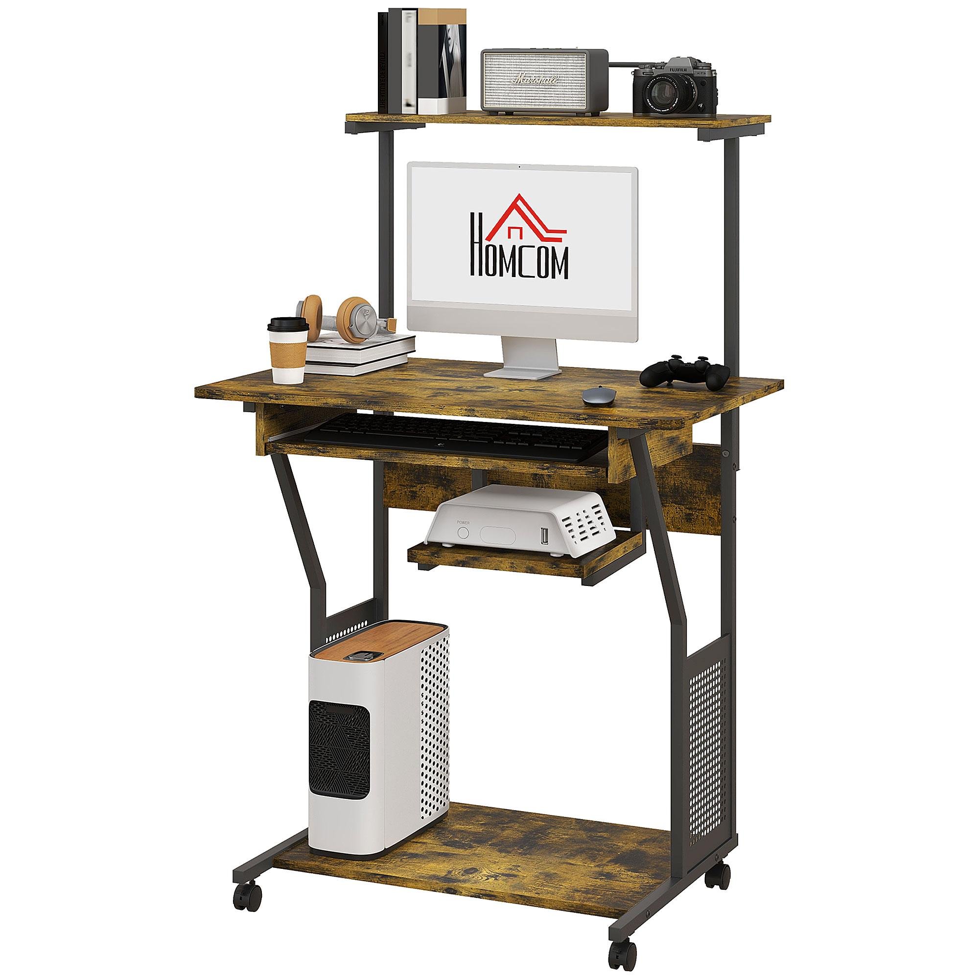 Rustic Brown Mobile Computer Desk with Storage