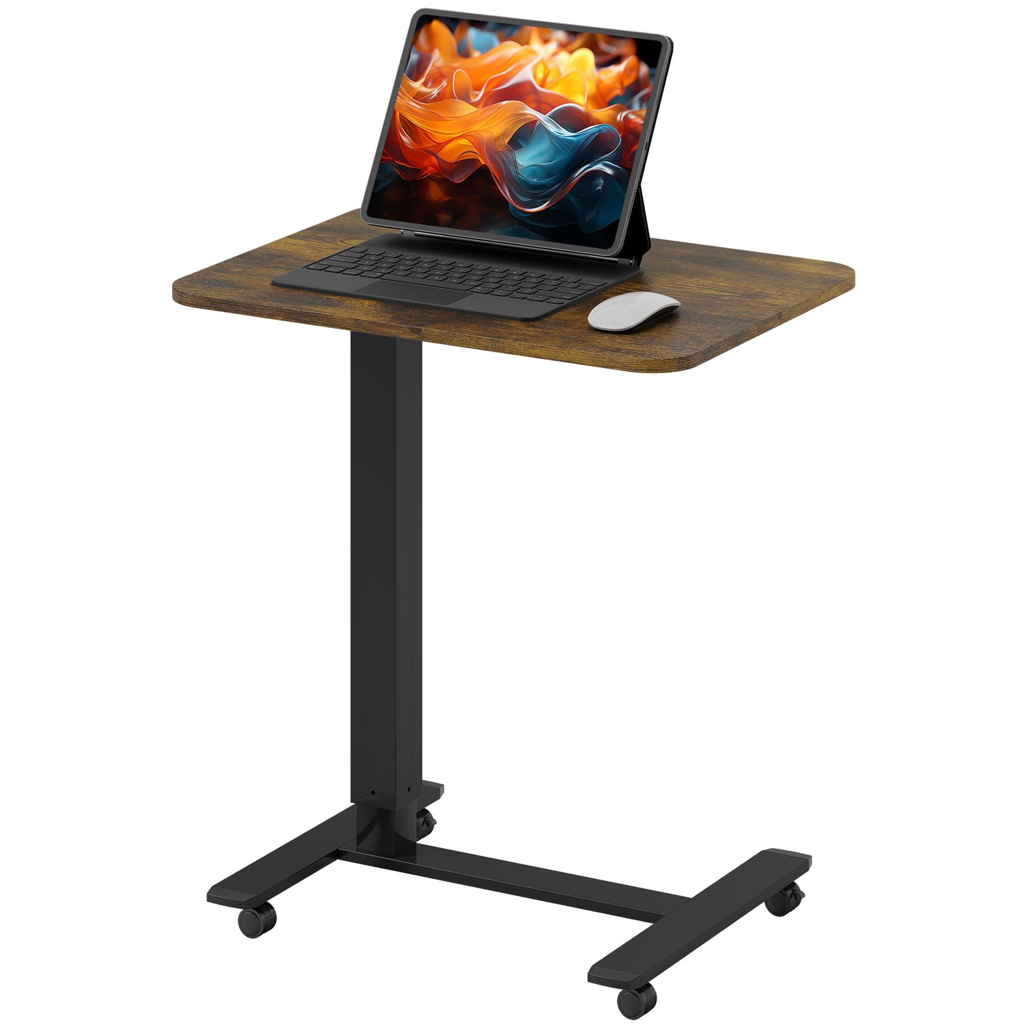 Rustic Brown Mobile Desk with Gas Lift, 25.6-Inch Tabletop