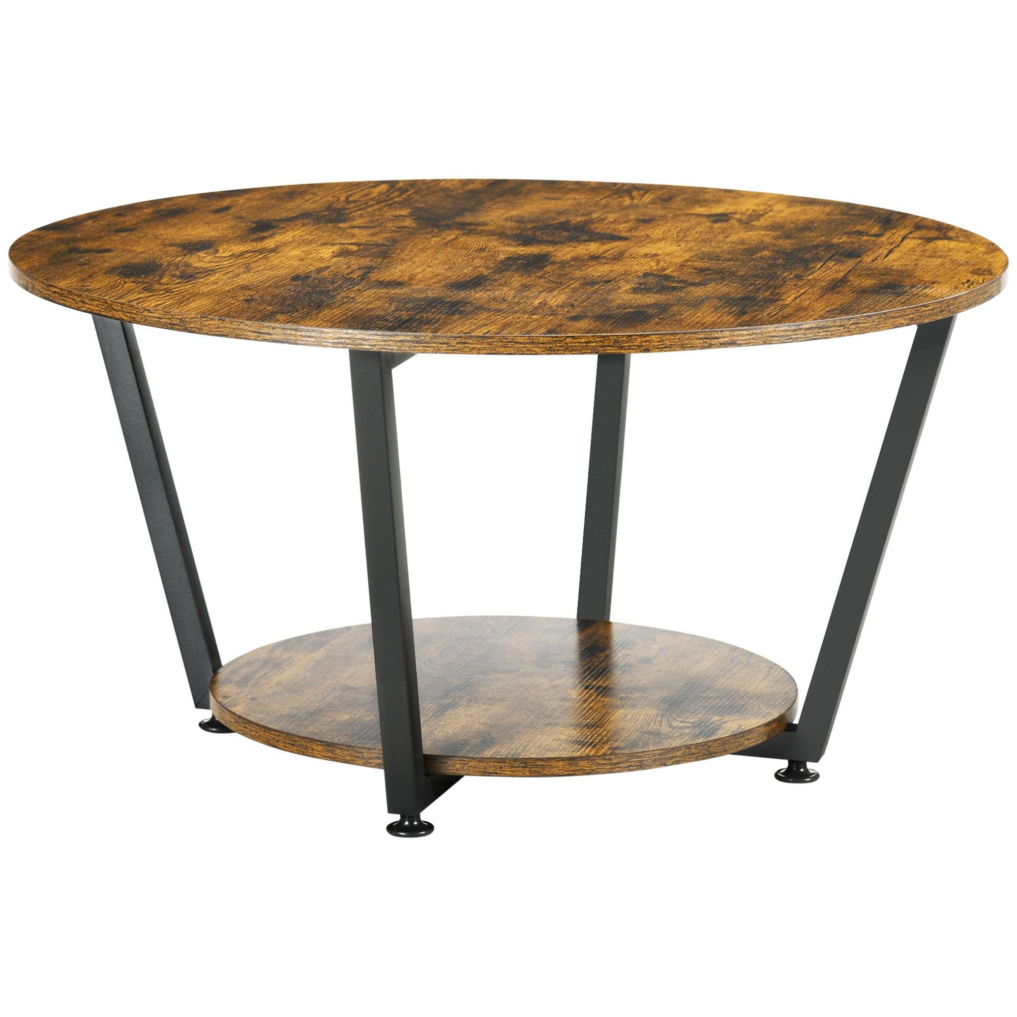 Rustic Brown Round Coffee Table with 2-Tier Storage