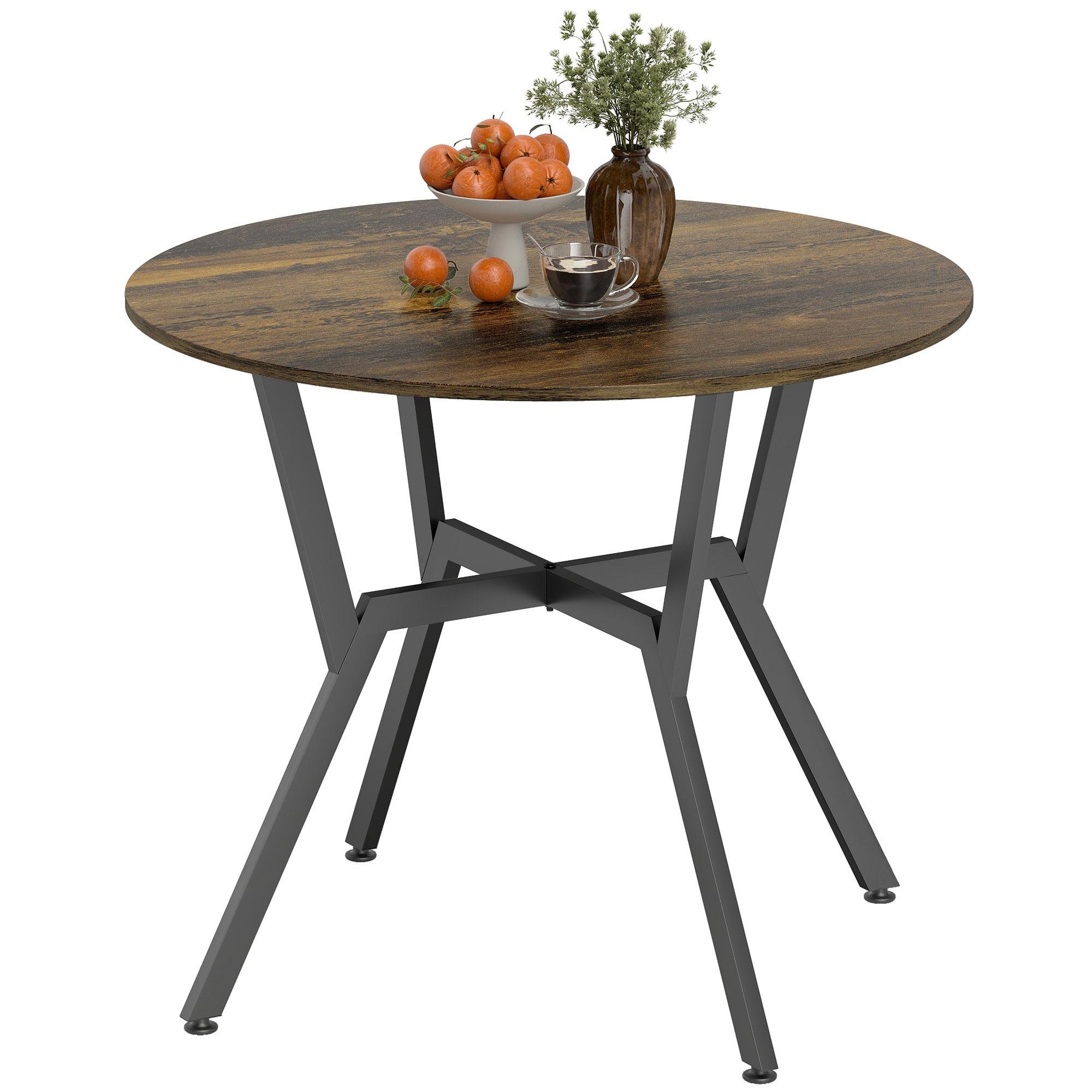 Rustic Brown Steel Frame Table, 35.4-Inch Round Dining