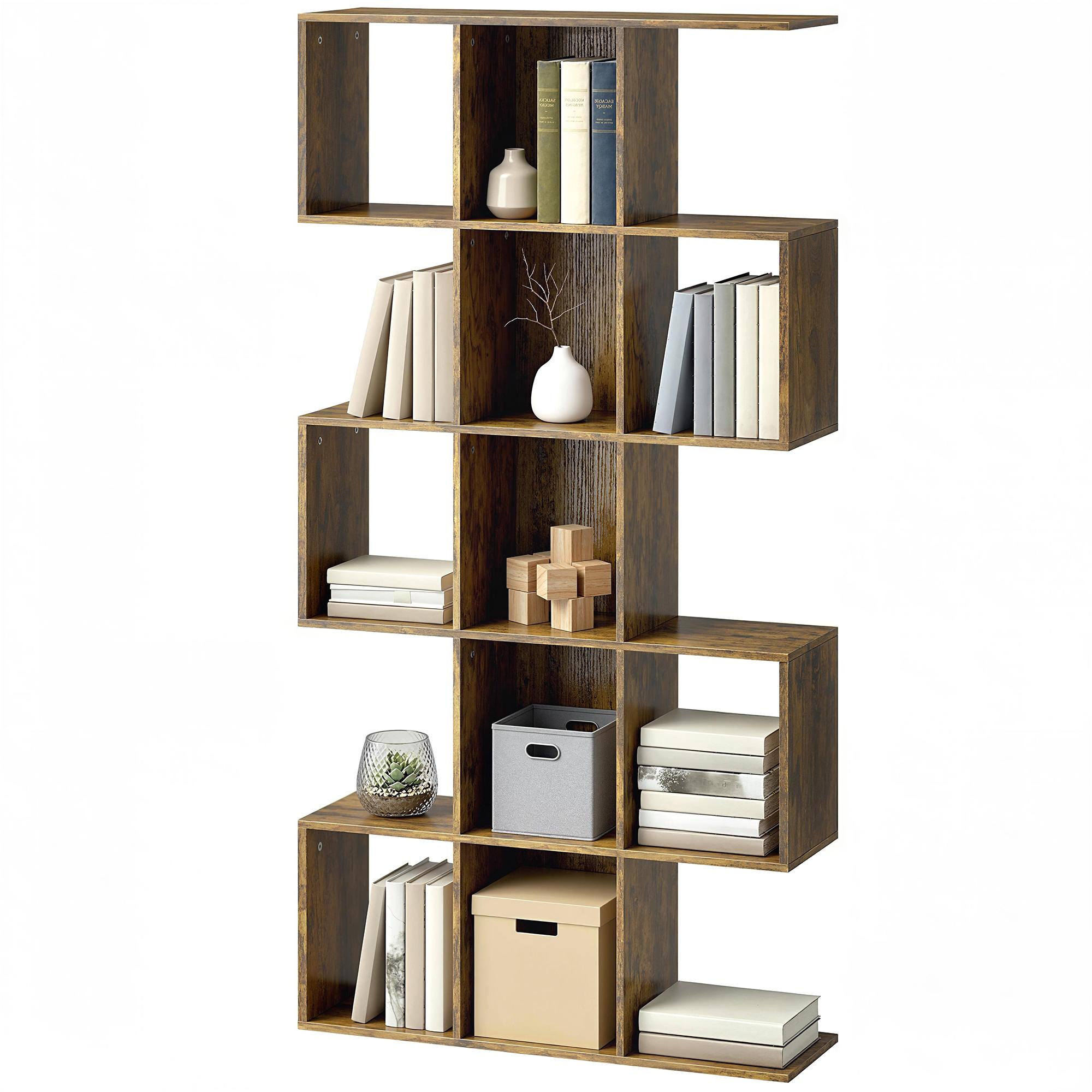 Rustic Brown 15 Compartment Bookshelf, S-Shaped 5-Tier