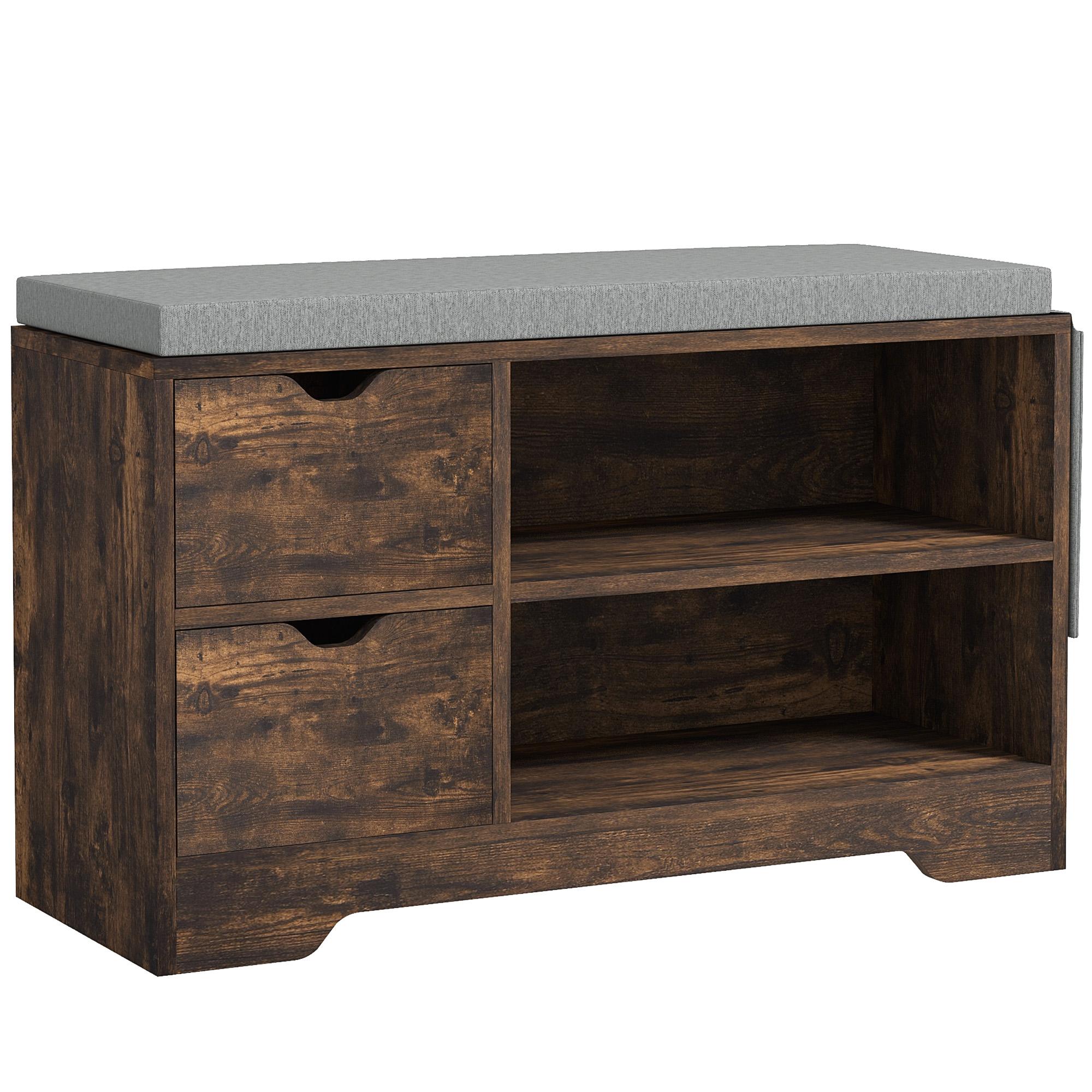 Rustic Brown Upholstered Shoe Bench with Drawer Storage