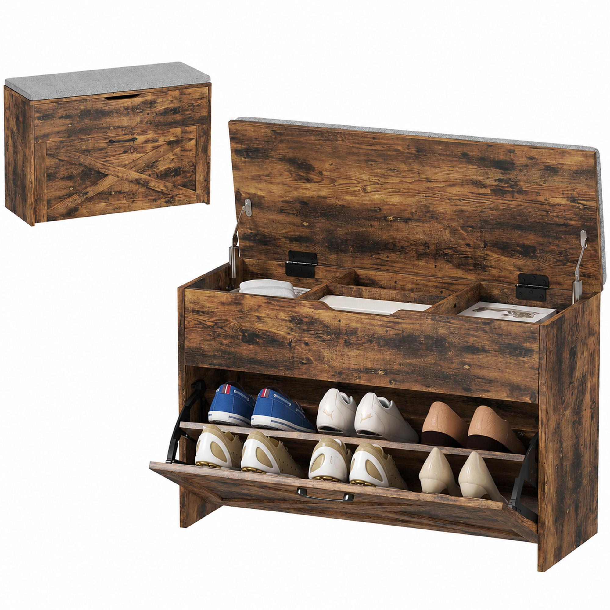 Rustic Brown Shoe Storage Bench with Flip Drawer and Lift-Top Storage