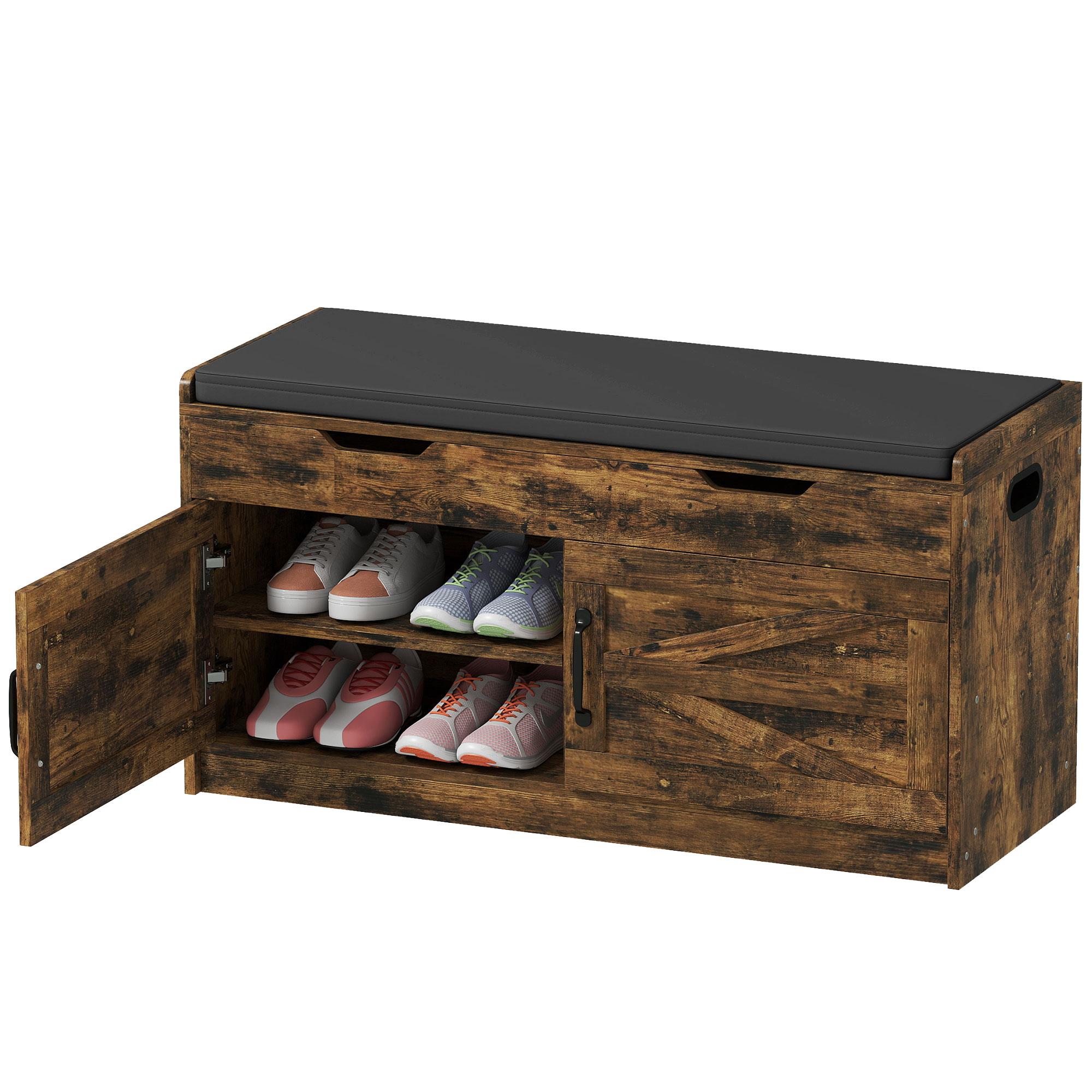 Rustic Brown Flip-Top Shoe Bench with Padded Seat for Entryways