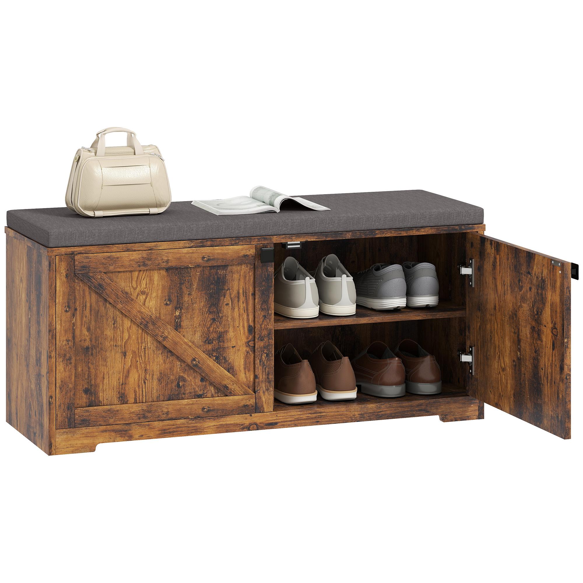 Farmhouse Shoe Storage Bench with Padded Seat, 8-Pair Capacity